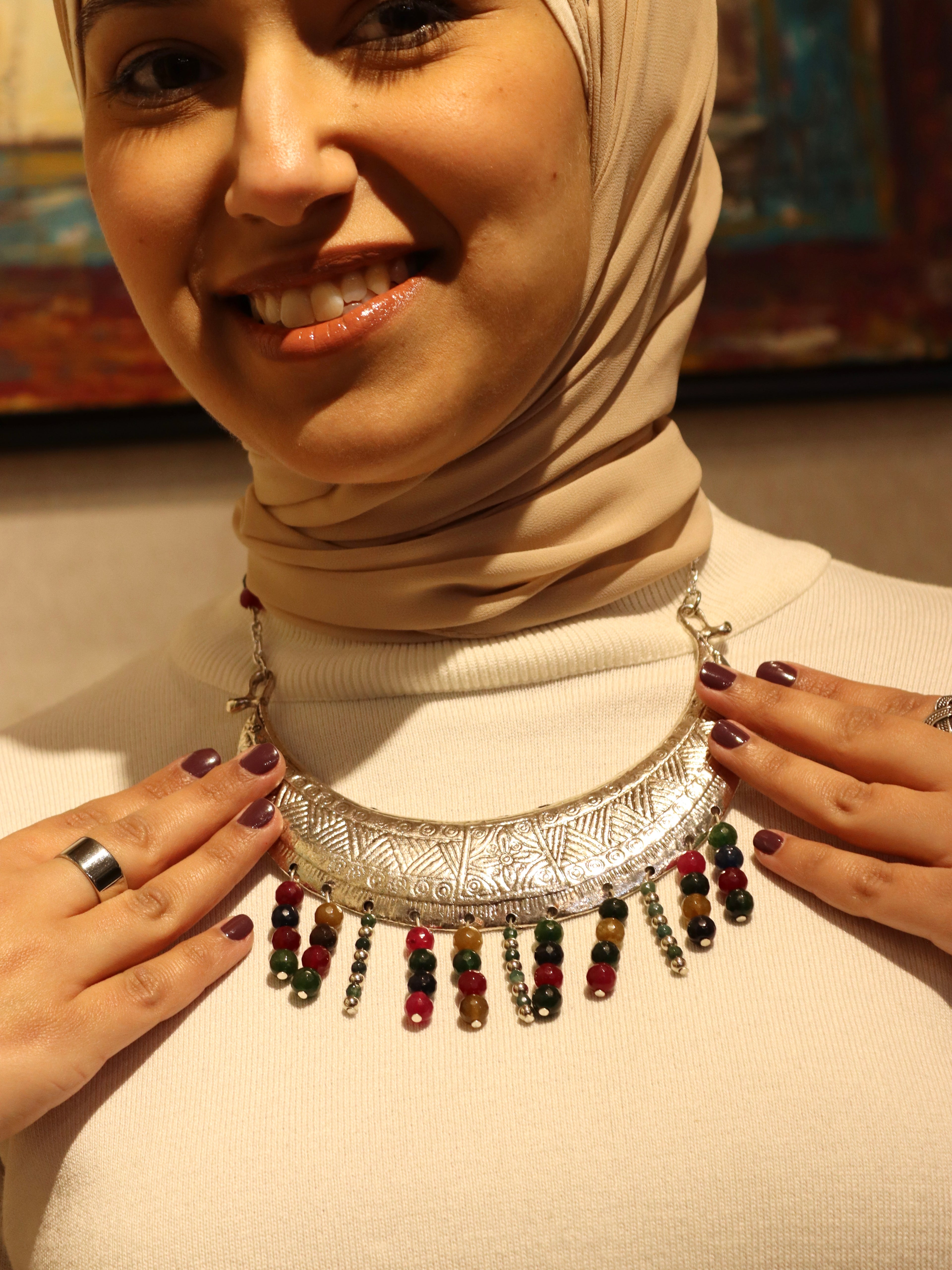 Statement silver necklace with Multi colored Agate Stones | Handmade jewelry