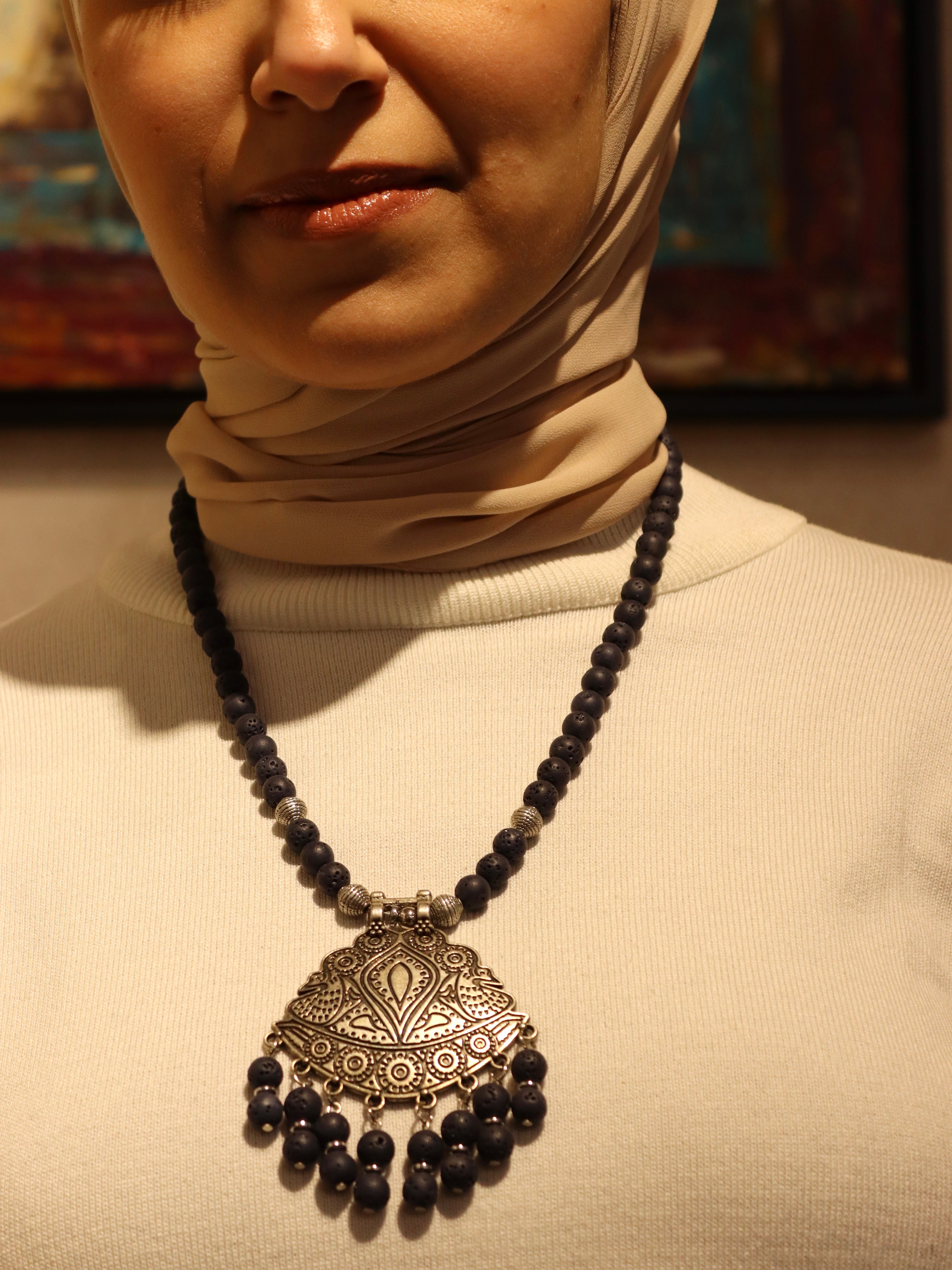 Navy lava necklace with silver swan statement pendant | Handmade jewelry