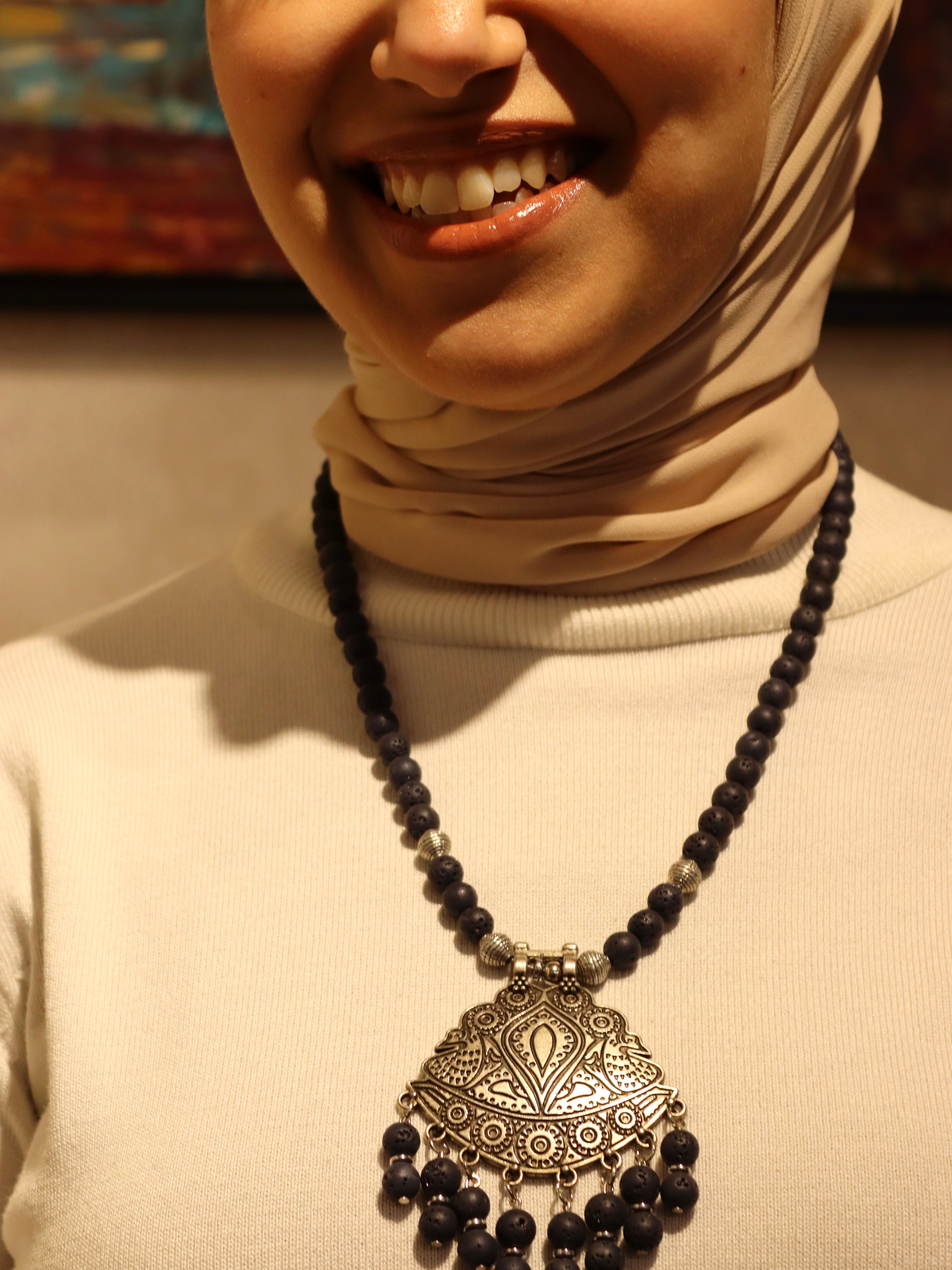 Navy lava necklace with silver swan statement pendant | Handmade jewelry