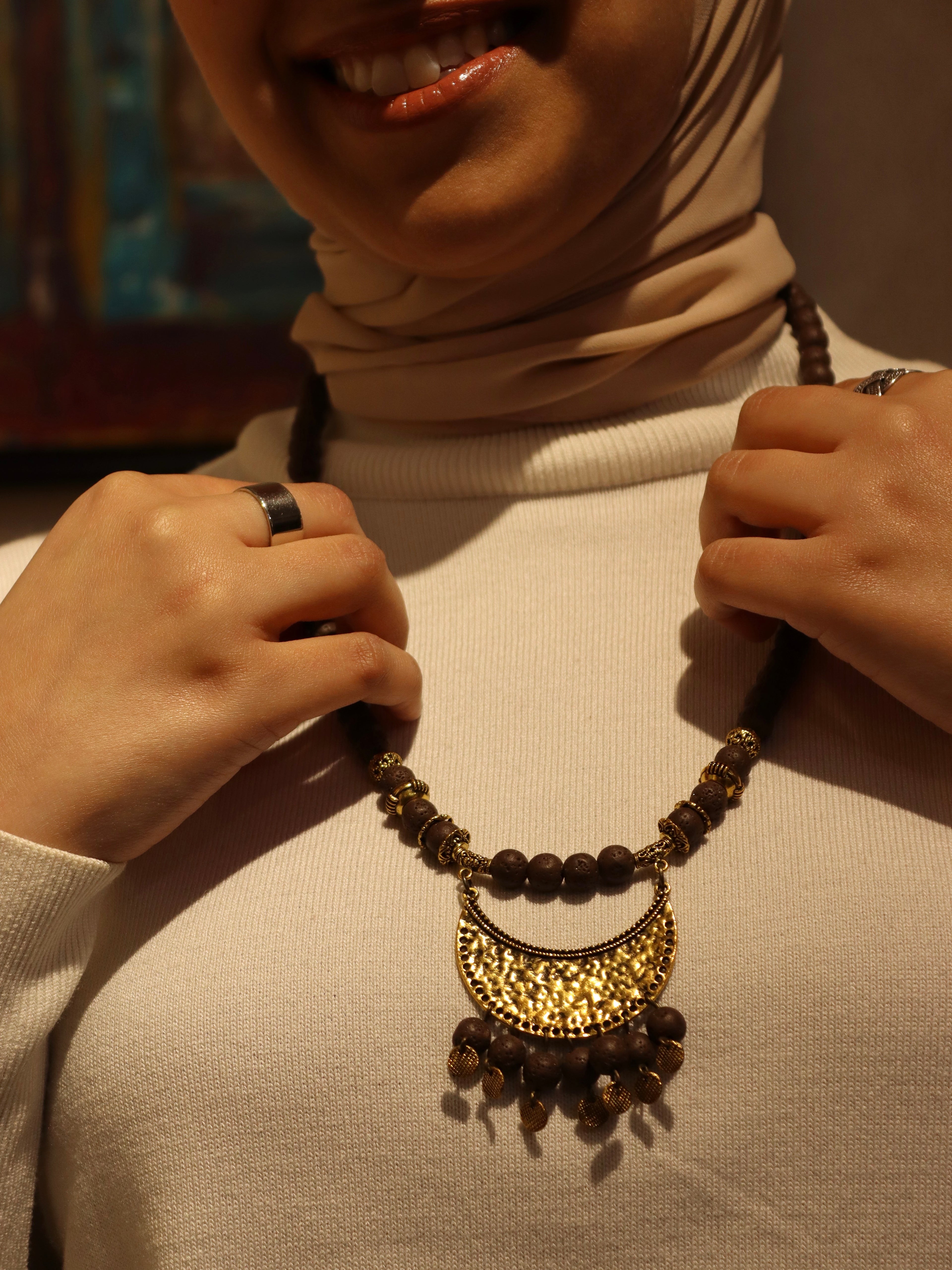 Dark Nights - Brown lava stones with oxidized gold accents necklace | Handmade jewelry