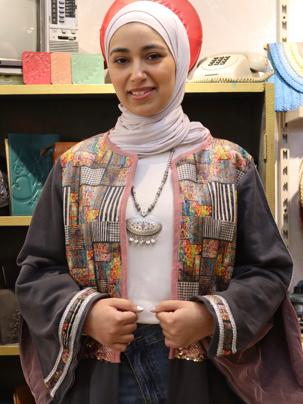 our colorful kaftan in gray color