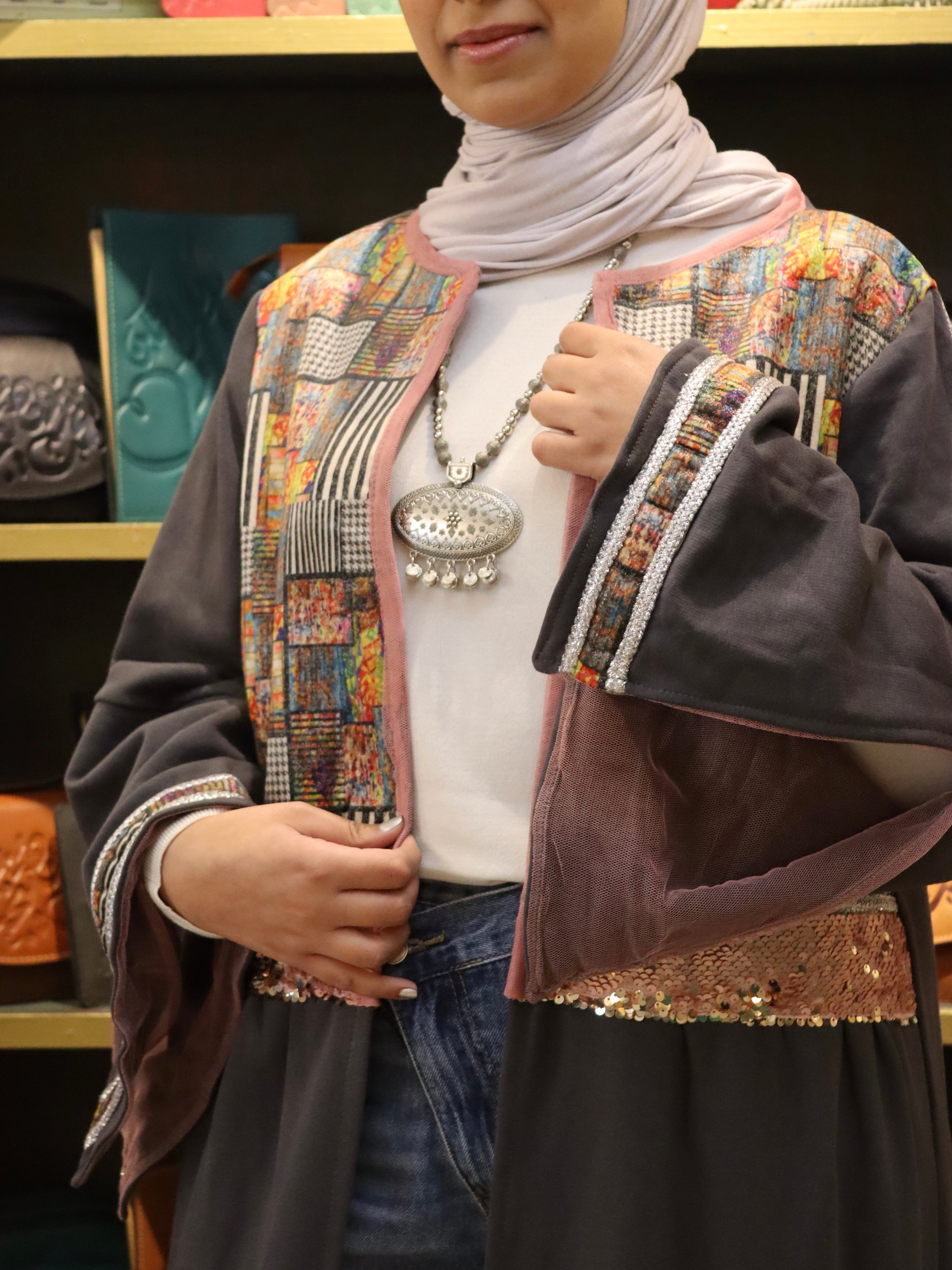 our colorful kaftan in gray color