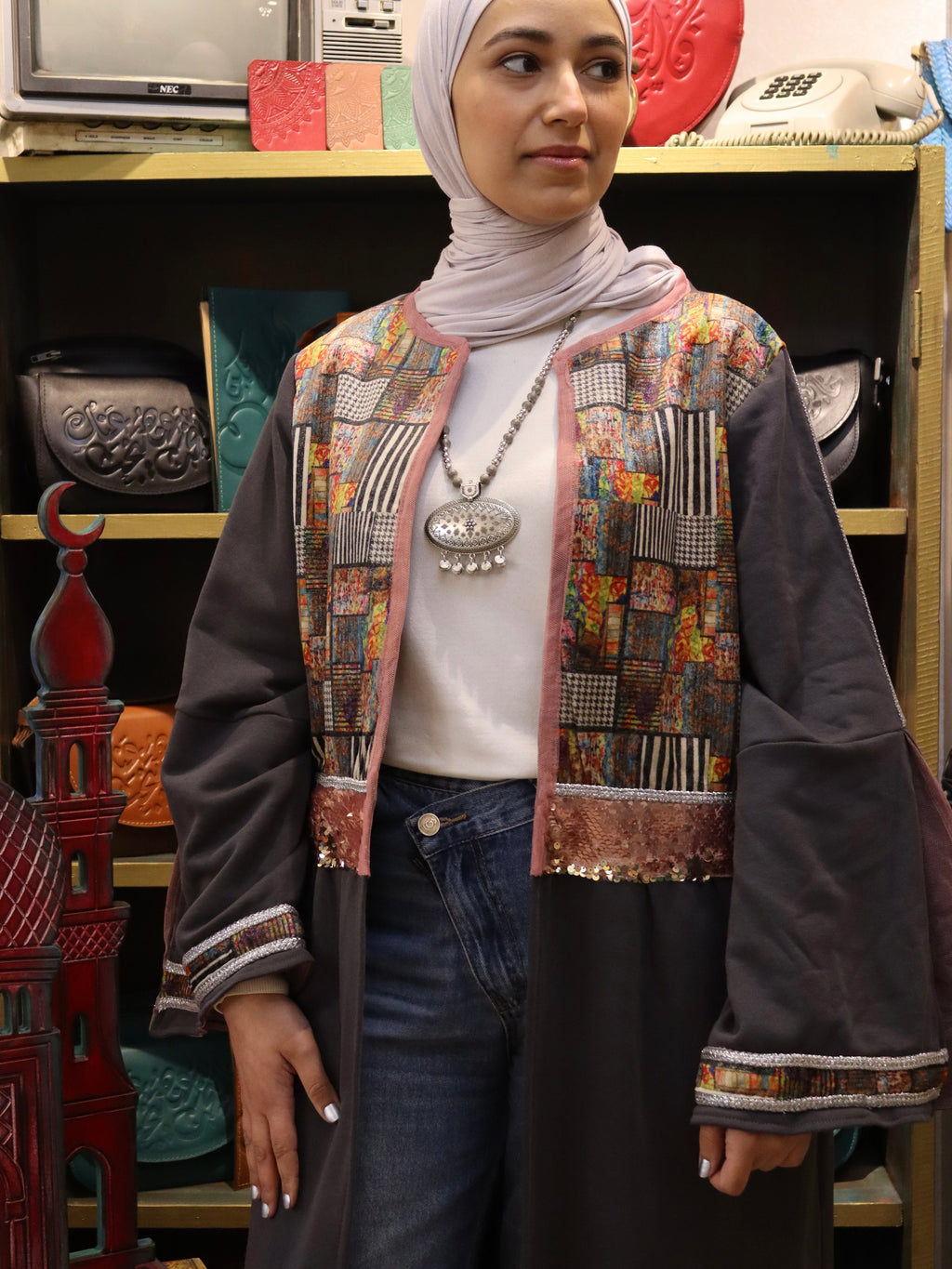 our colorful kaftan in gray color