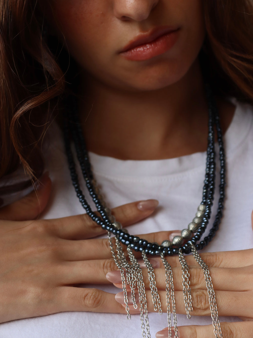 Navy blue layered necklace with silver accents | Handmade jewelry