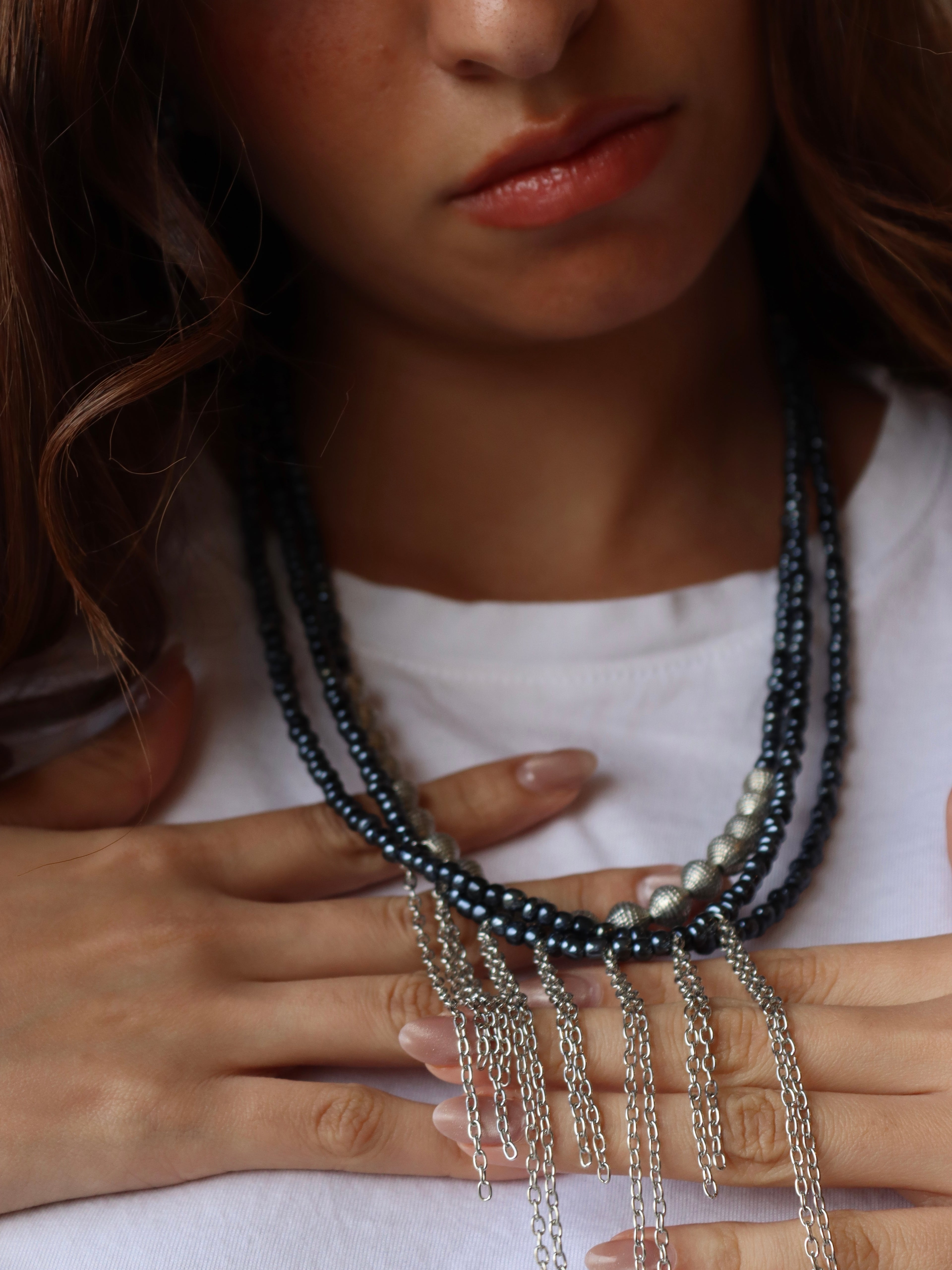 blue layered  beaded necklace with silver chain