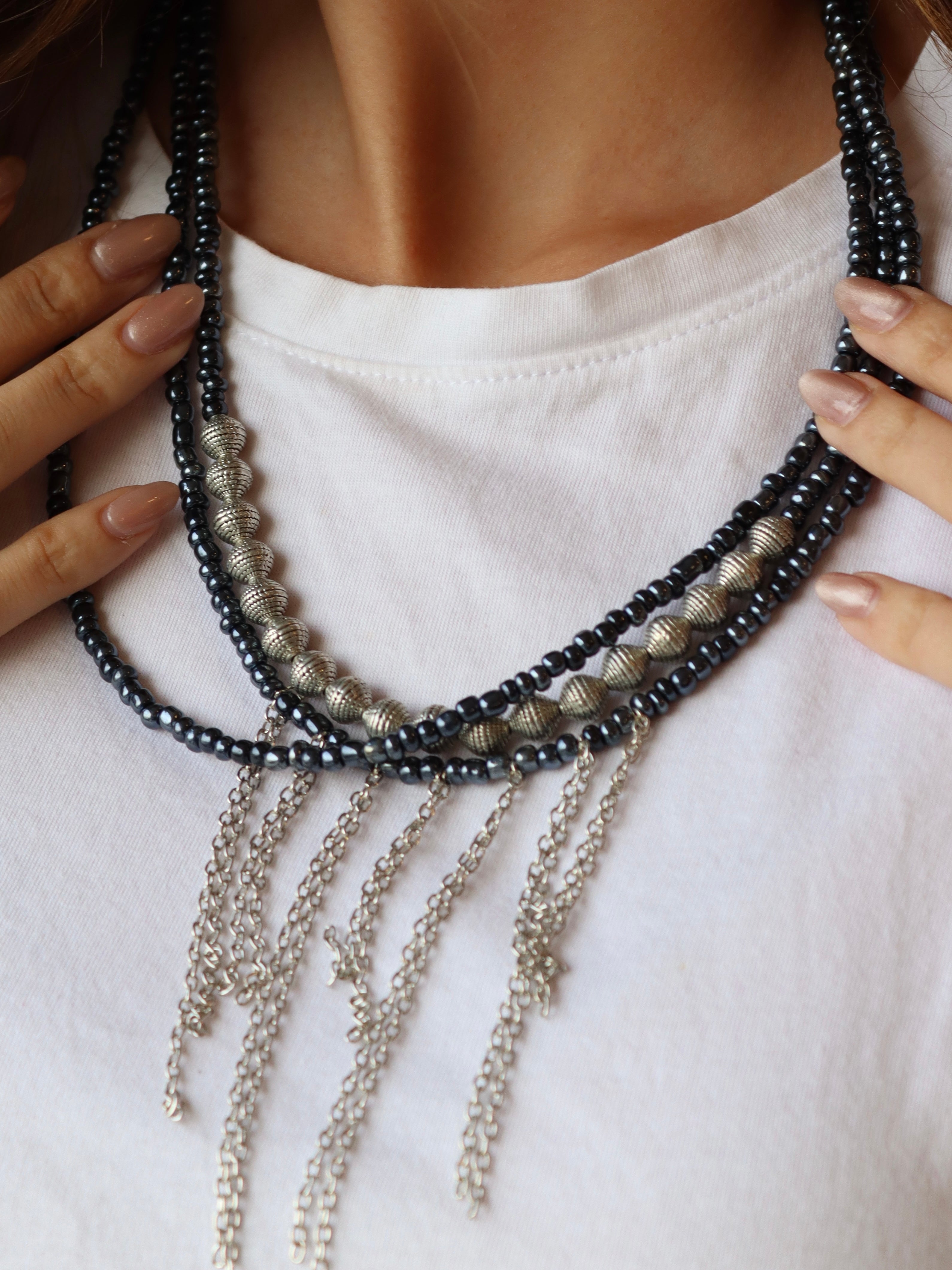 blue layered  beaded necklace with silver chain