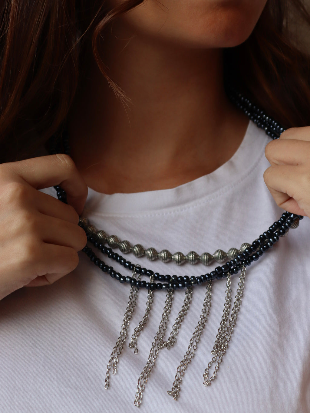 Navy blue layered necklace with silver accents | Handmade jewelry