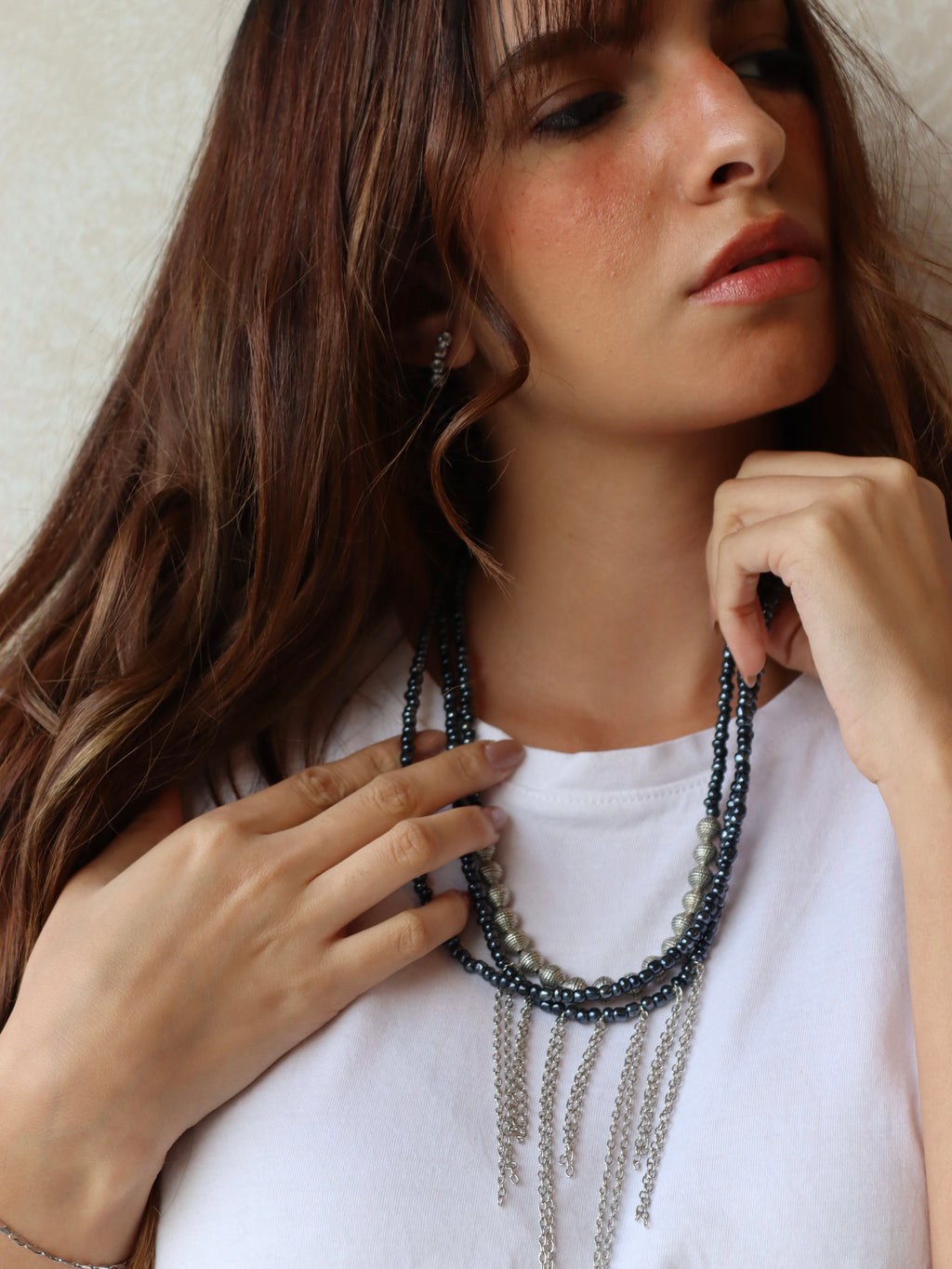 Navy blue layered necklace with silver accents | Handmade jewelry