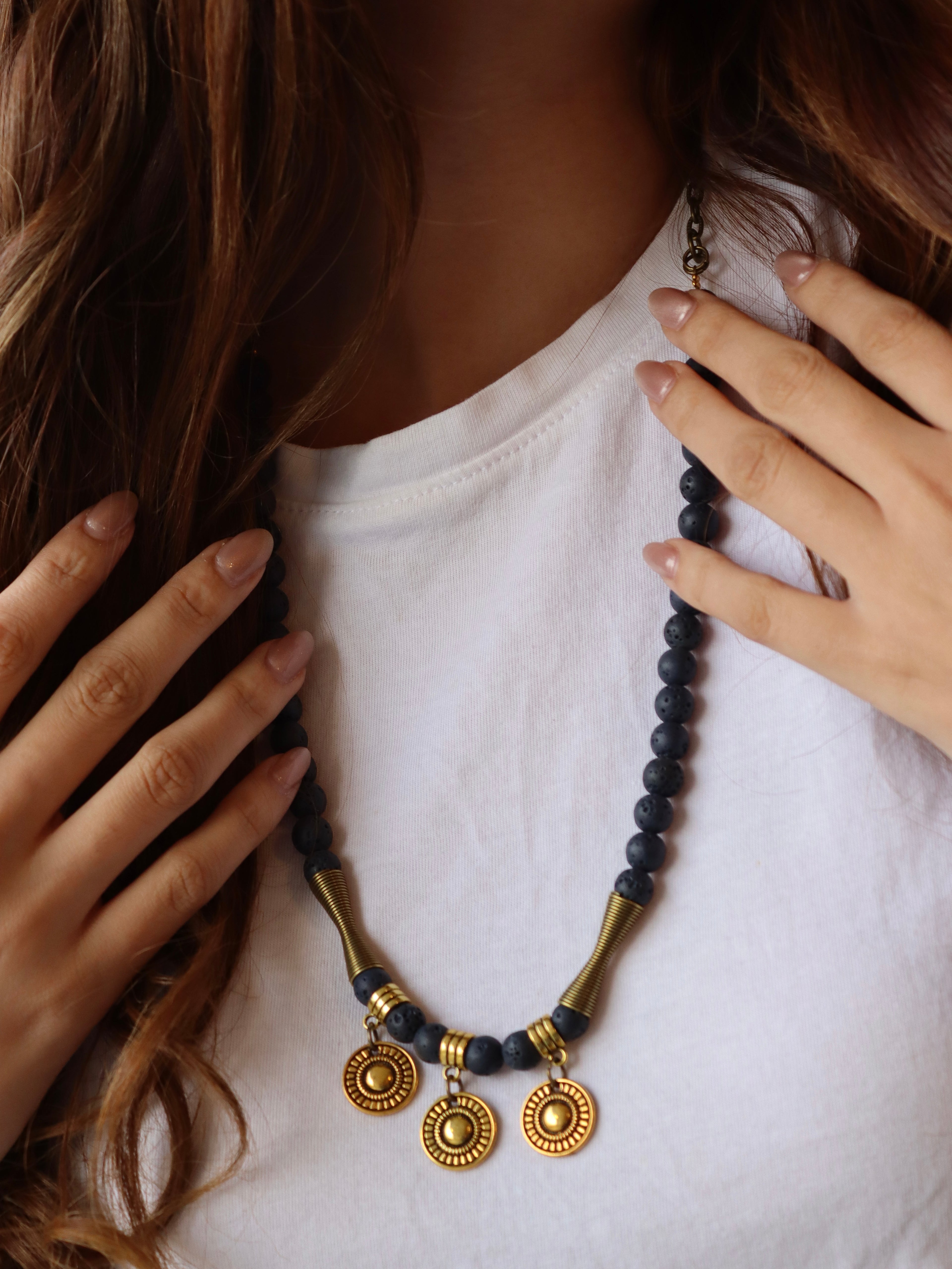 Navy lava necklace with copper accents | Handmade jewelry