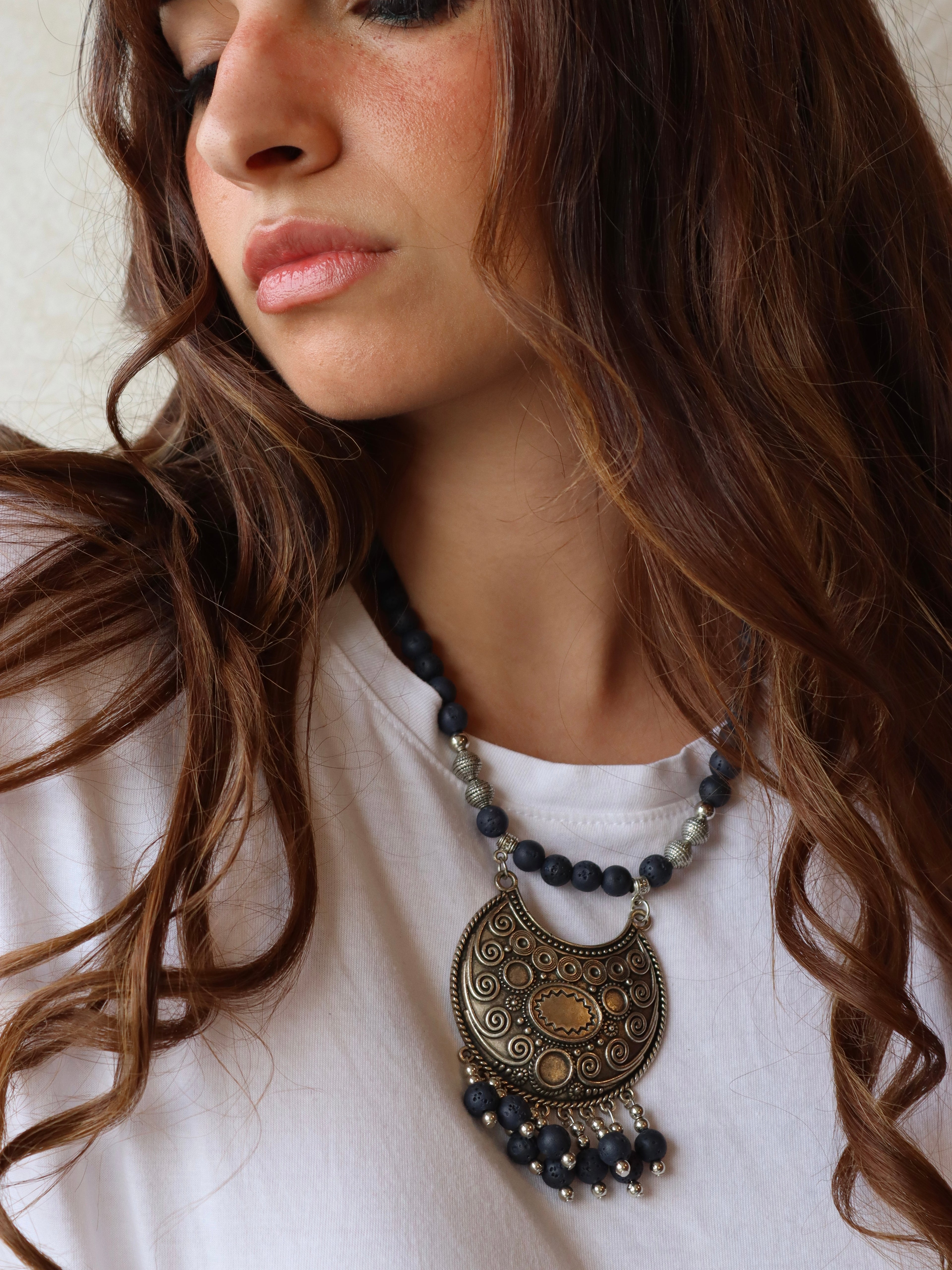 Navy lava necklace with silver statement pendant | Handmade jewelry