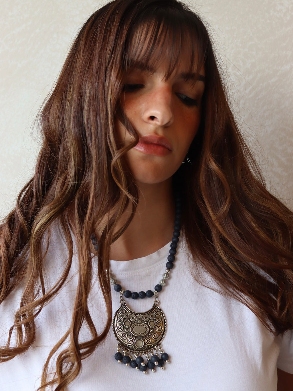 Navy lava necklace with silver statement pendant | Handmade jewelry