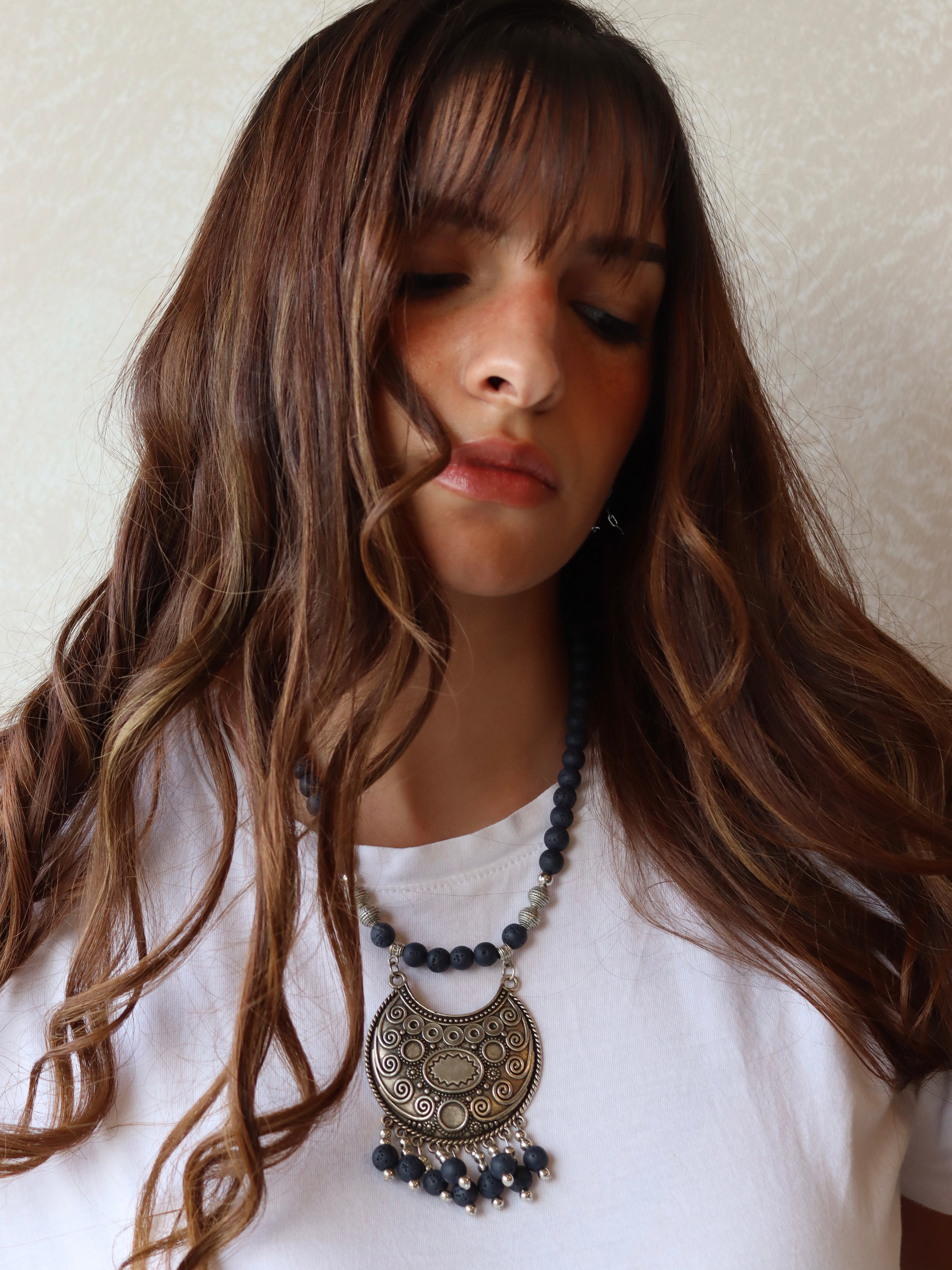 Navy lava necklace with silver statement pendant | Handmade jewelry