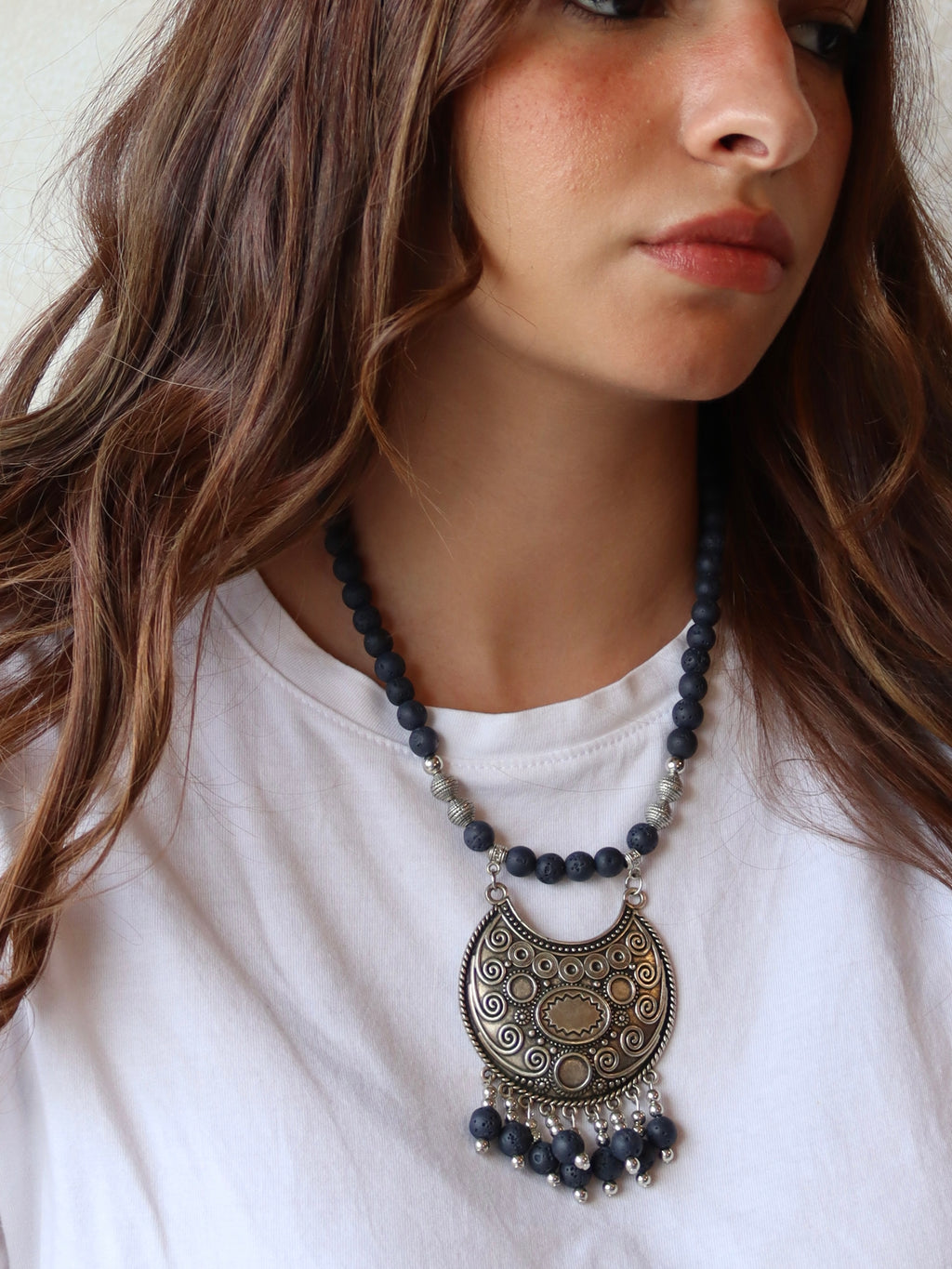 Navy lava necklace with silver statement pendant | Handmade jewelry