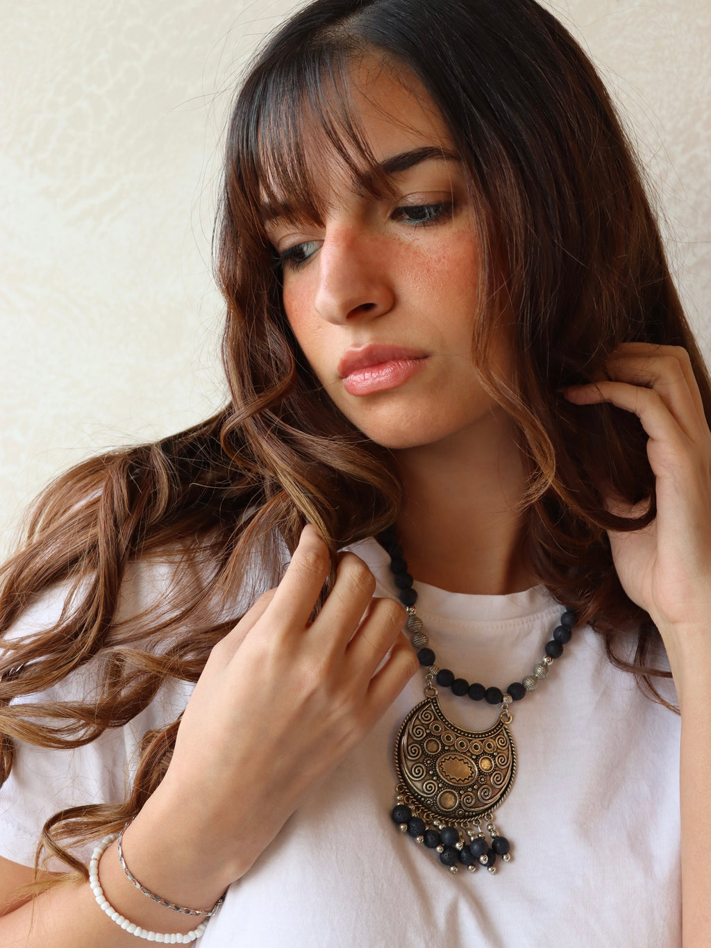 Navy lava necklace with silver statement pendant | Handmade jewelry