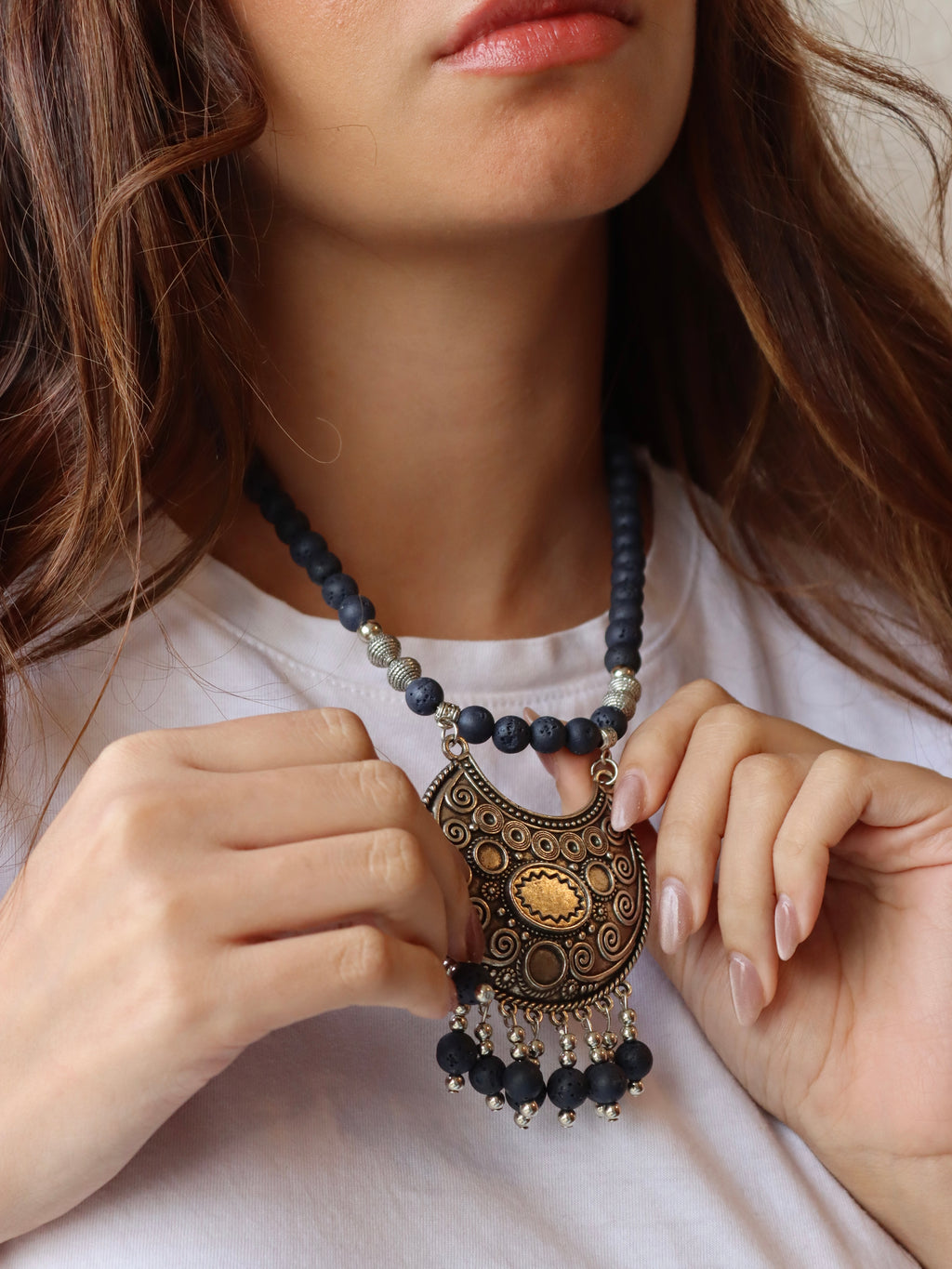 Navy lava necklace with silver statement pendant | Handmade jewelry