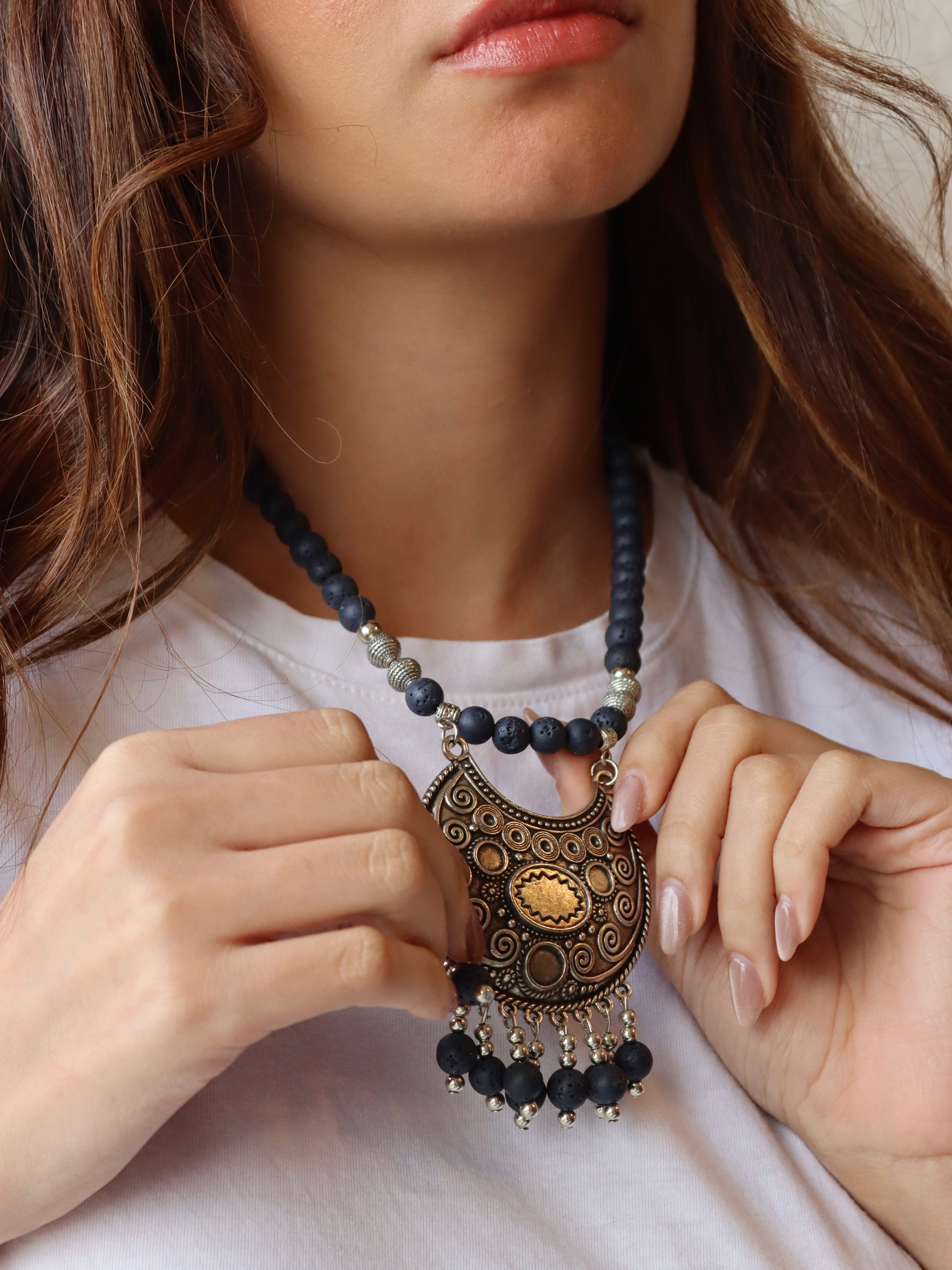 Navy lava necklace with silver statement pendant | Handmade jewelry