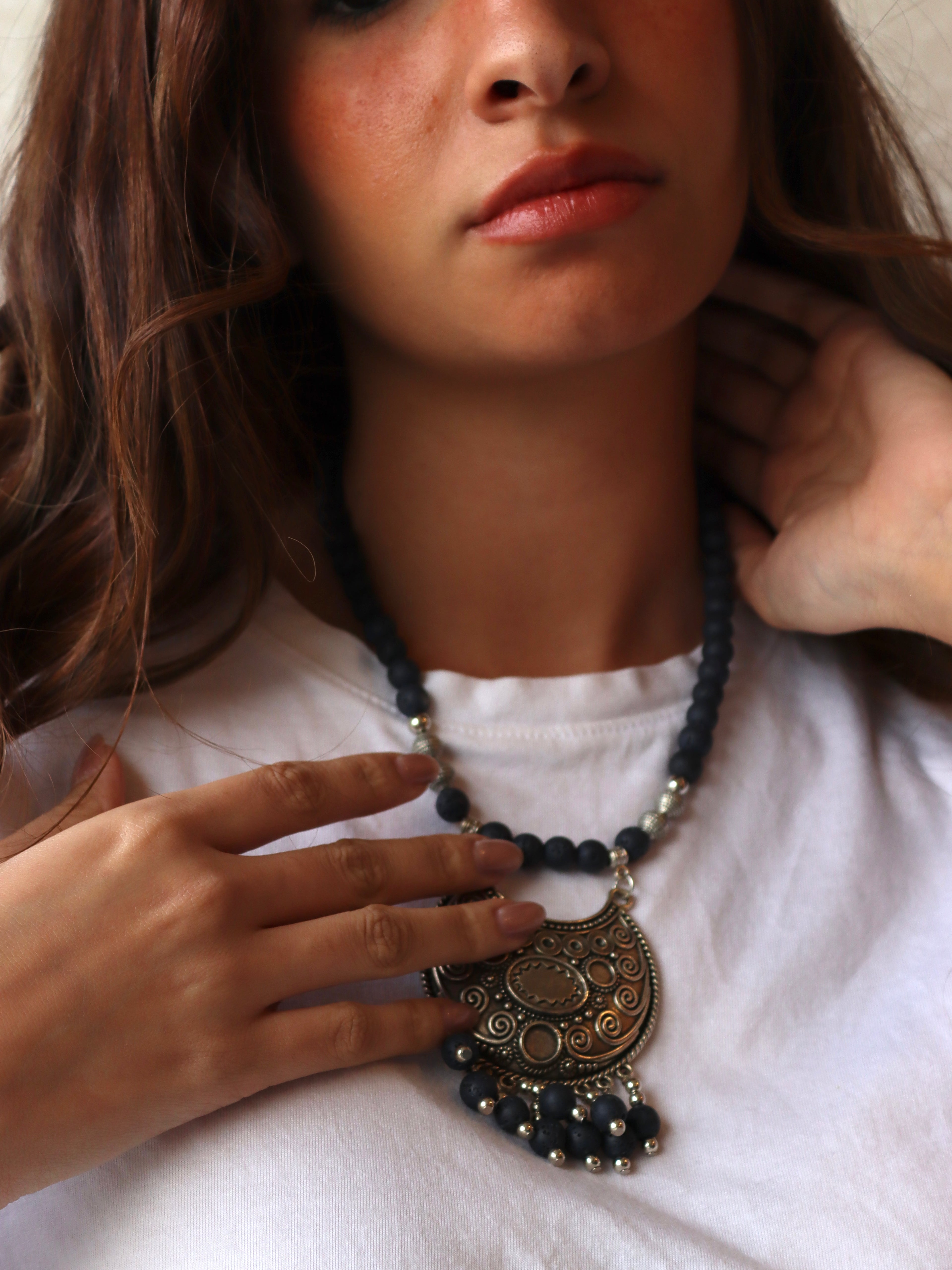 Navy lava necklace with silver statement pendant | Handmade jewelry