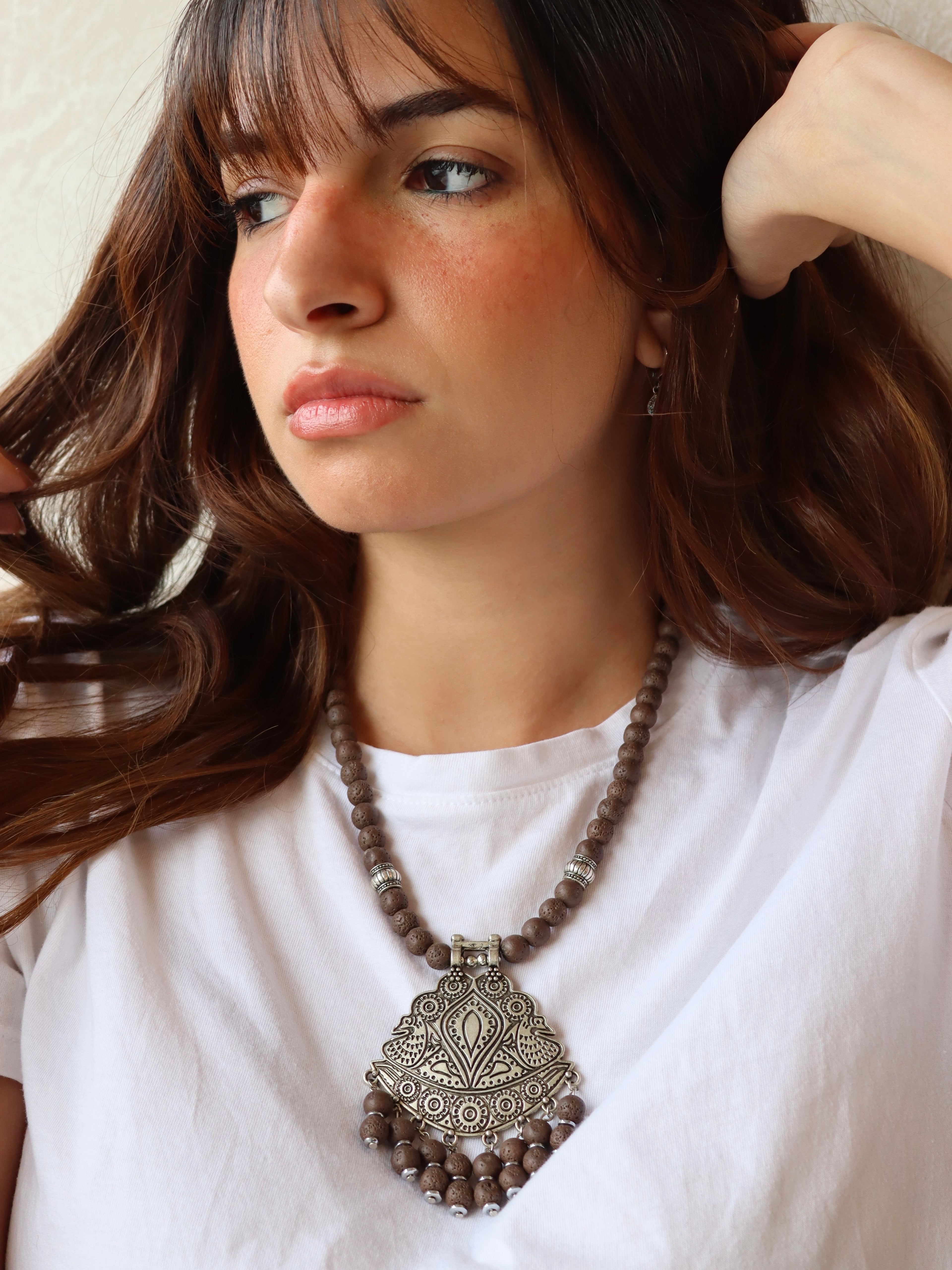brown lava with silver swan statement pendant necklace | Handmade jewelry