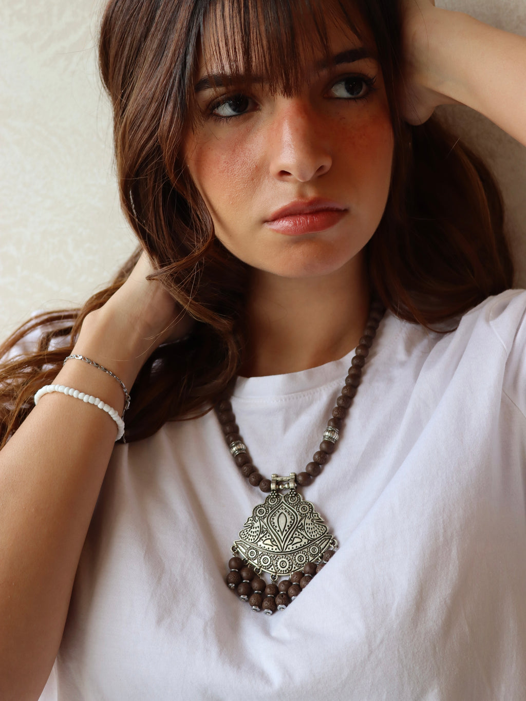 brown lava with silver swan statement pendant necklace | Handmade jewelry