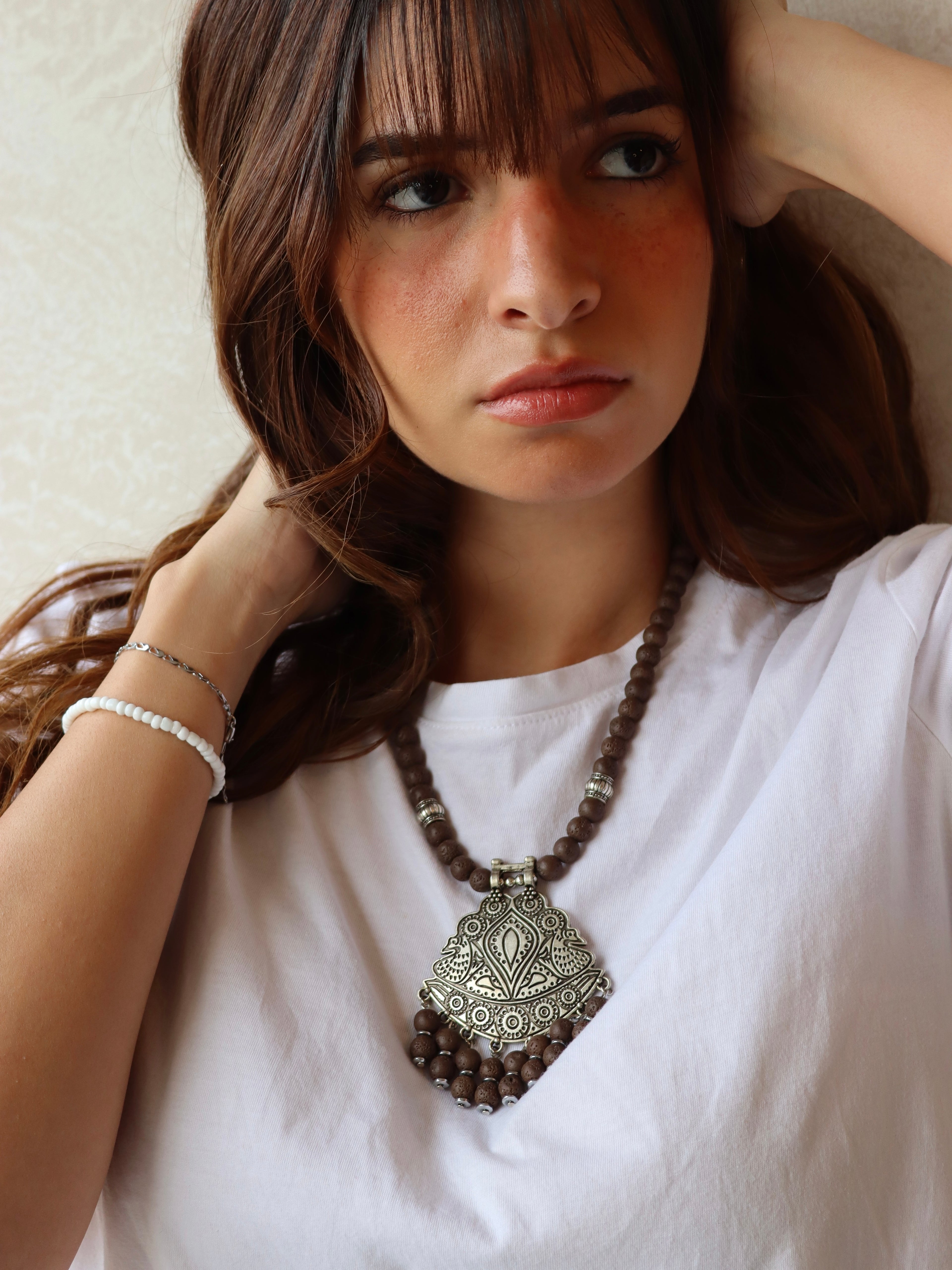 brown lava with silver swan statement pendant necklace | Handmade jewelry