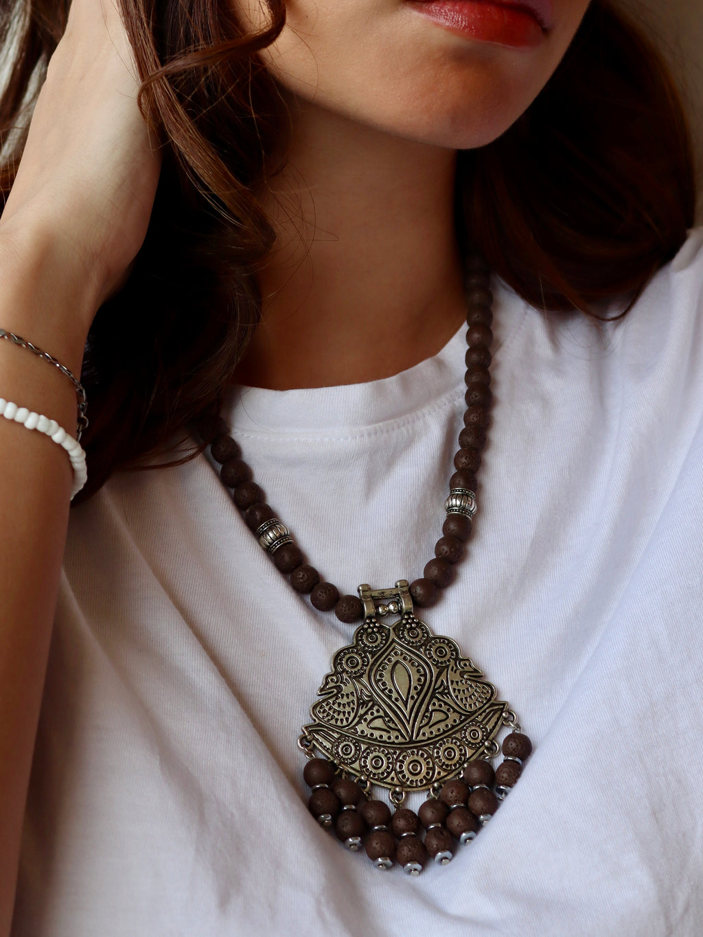 brown lava with silver swan statement pendant necklace | Handmade jewelry