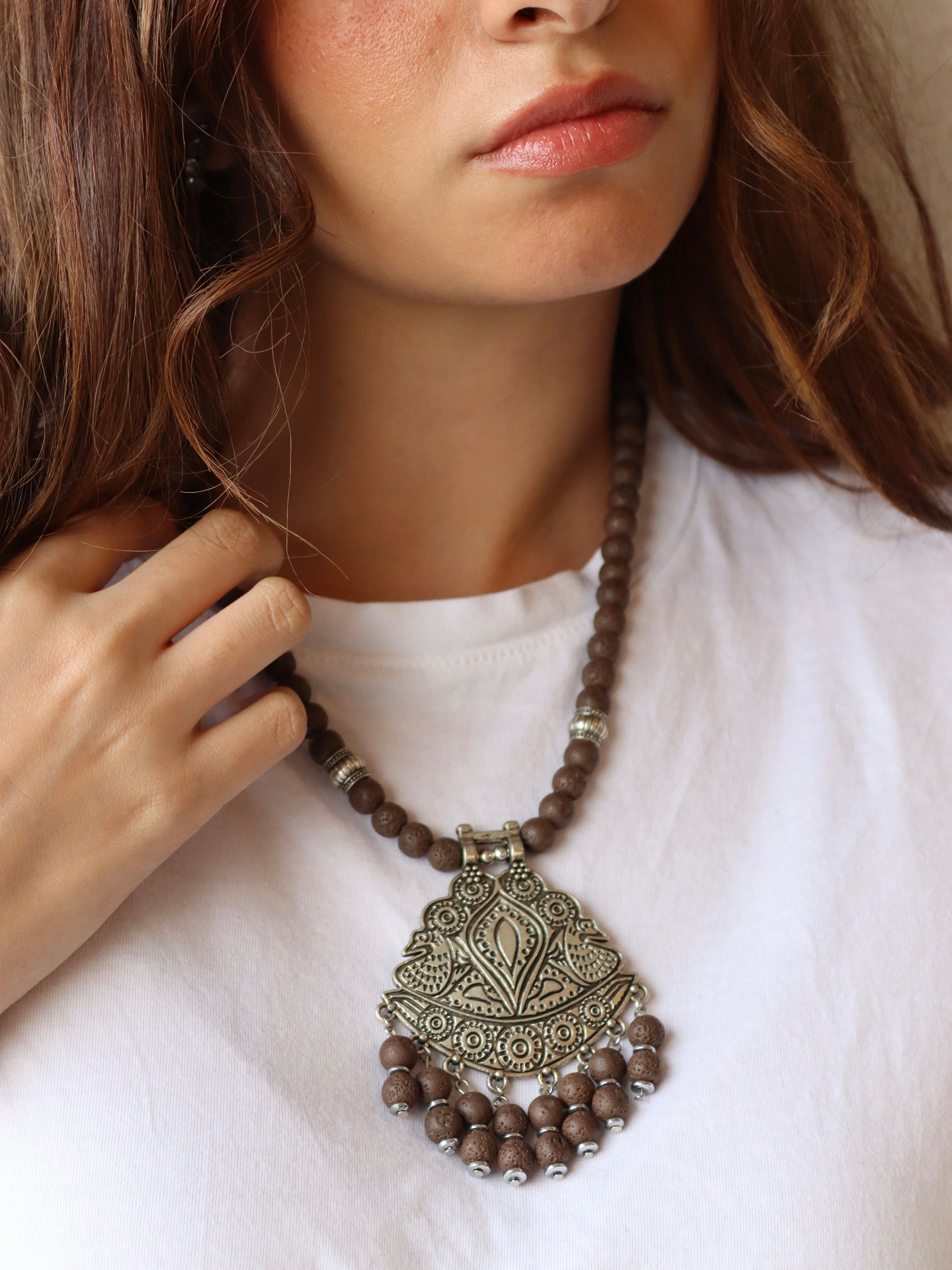 brown lava with silver swan statement pendant necklace | Handmade jewelry