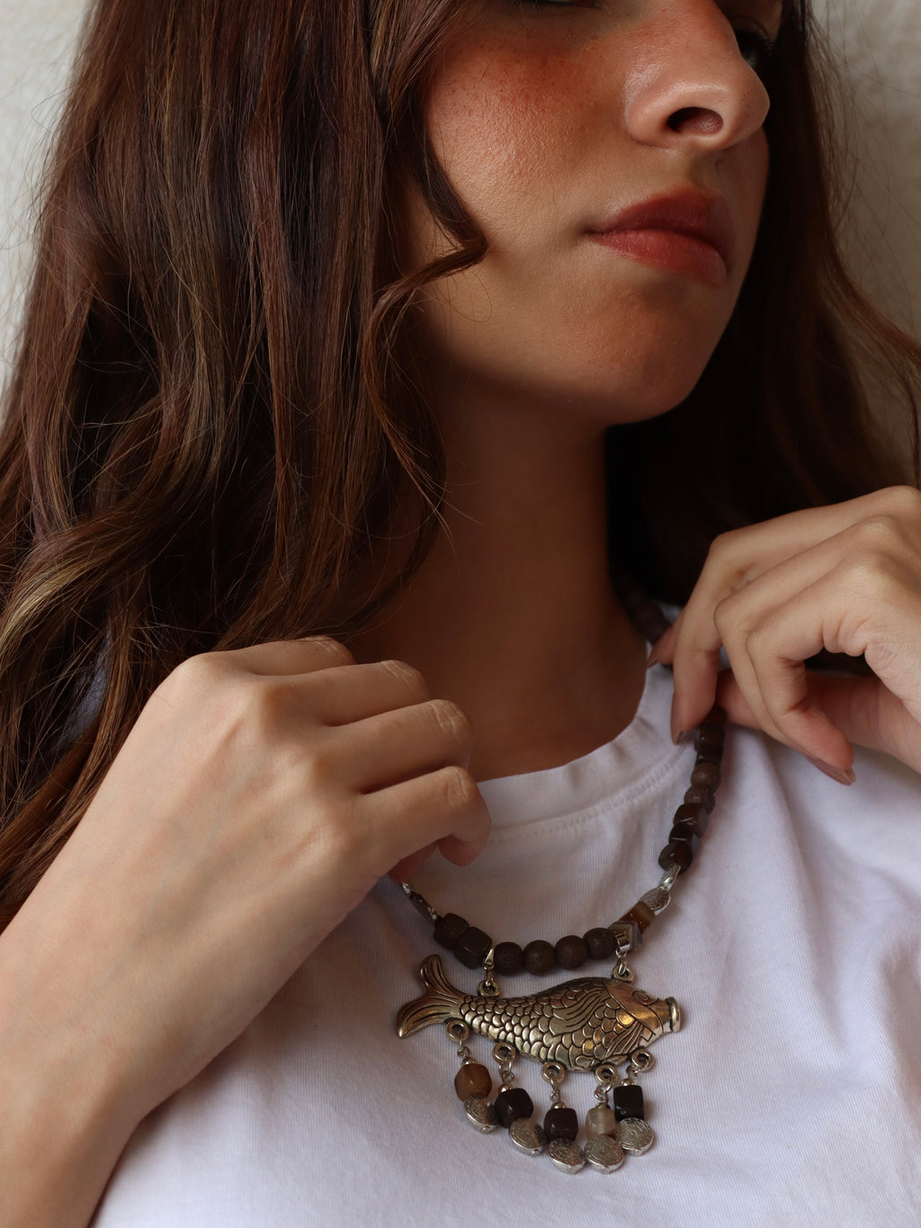 brown agate and lava necklace with silver fish pendant | Handmade jewelry