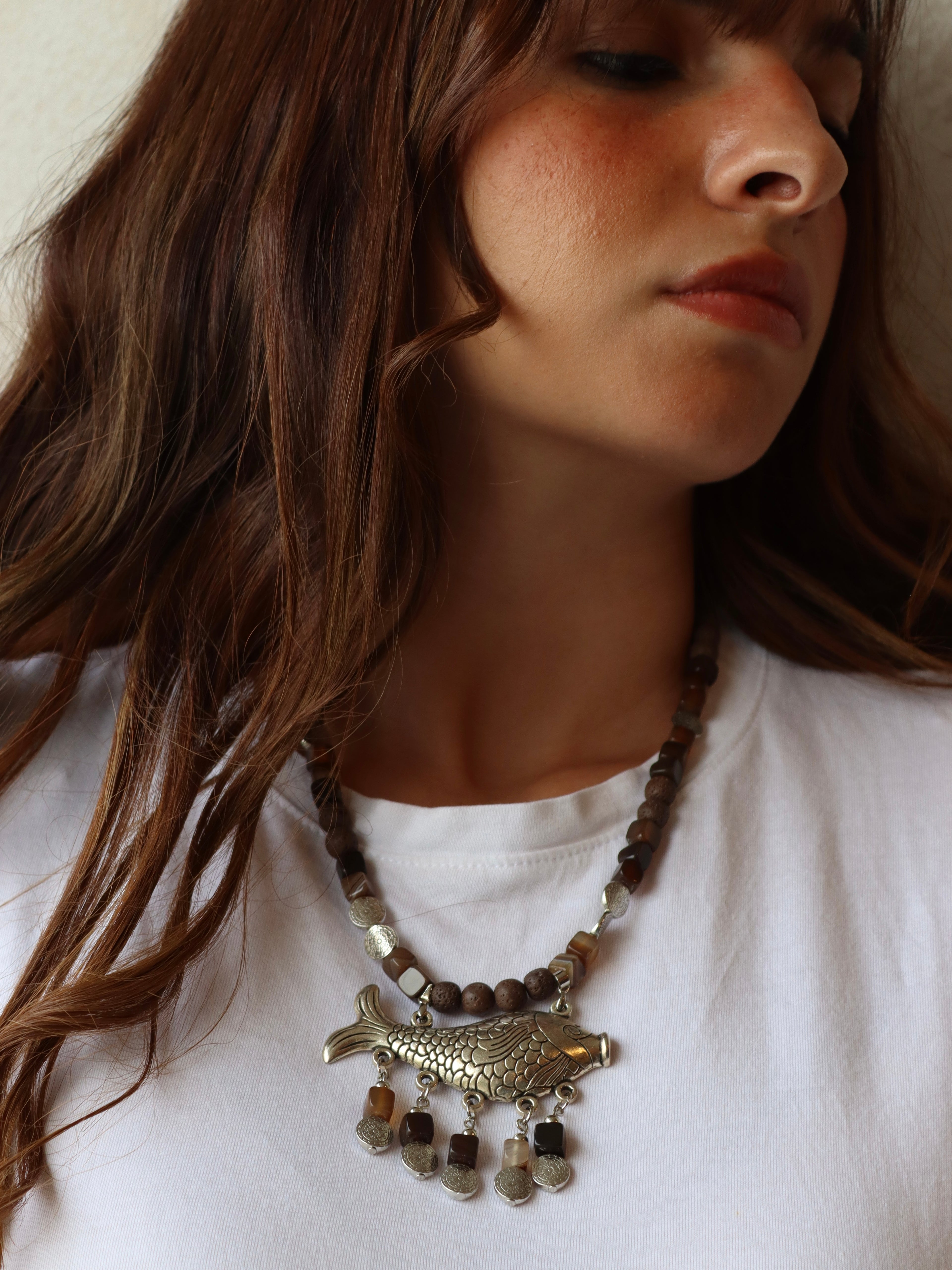 brown agate and lava necklace with silver fish pendant | Handmade jewelry