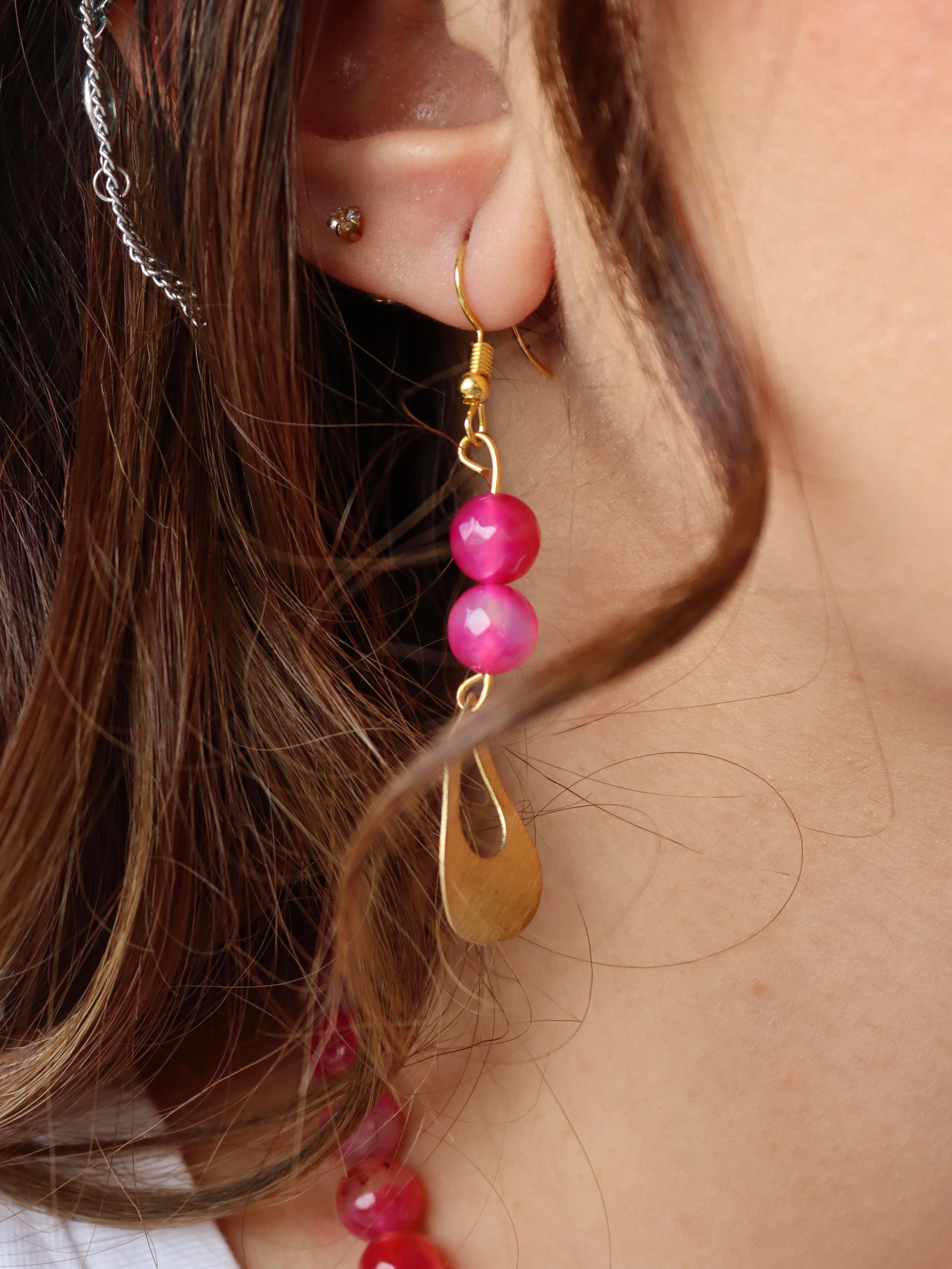 pink agate with gold metal earring