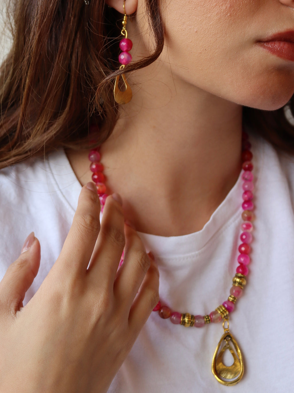 pink agate with gold earring | Handmade jewelry