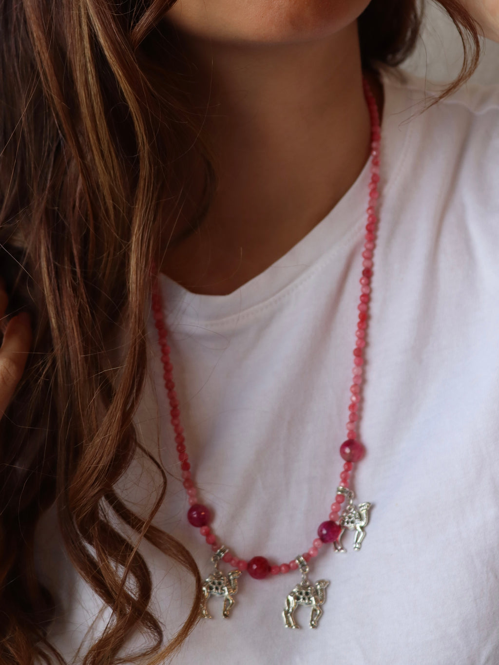 Pink agate necklace with silver accents | Handmade jewelry
