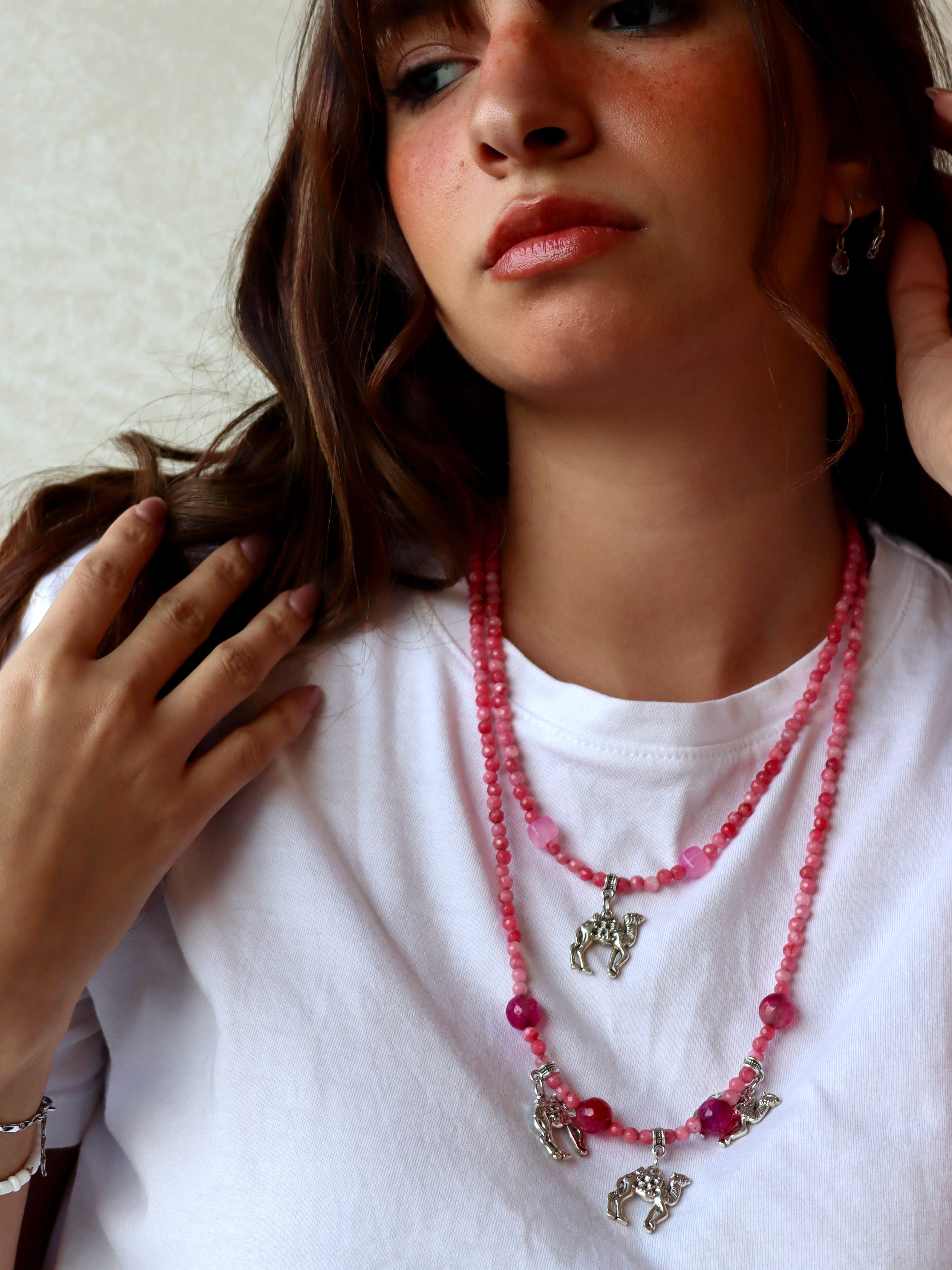 pink agate with silver metal necklace