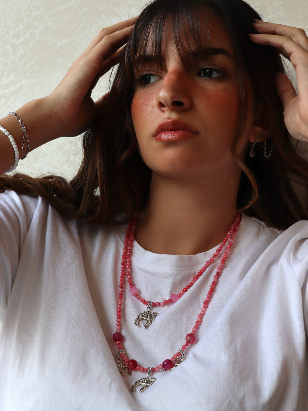 Pink agate necklace with silver accents | Handmade jewelry