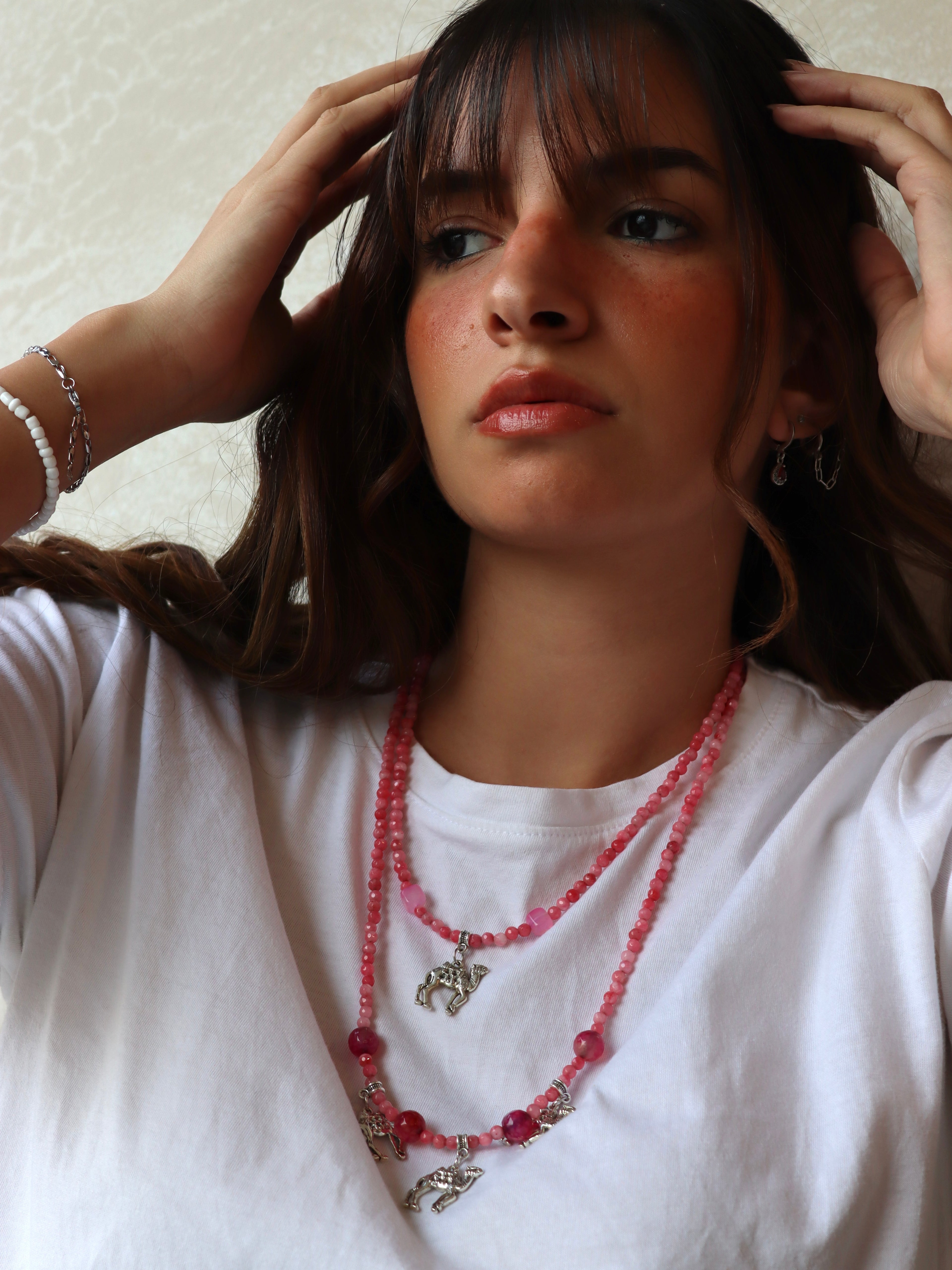 pink agate with silver metal necklace