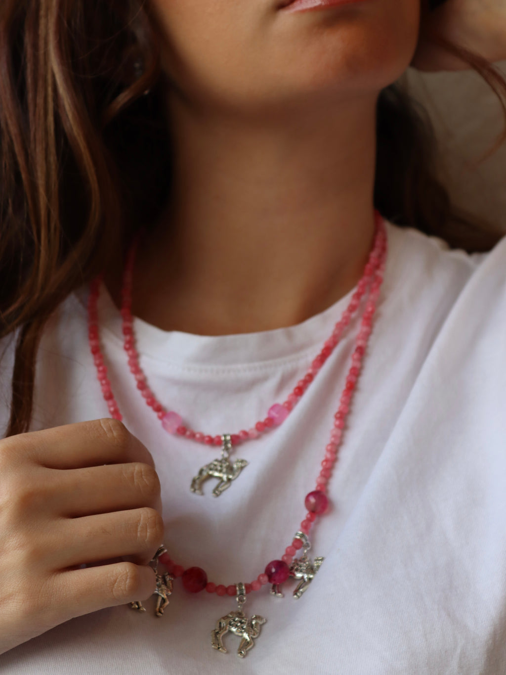Pink agate necklace with silver accents | Handmade jewelry