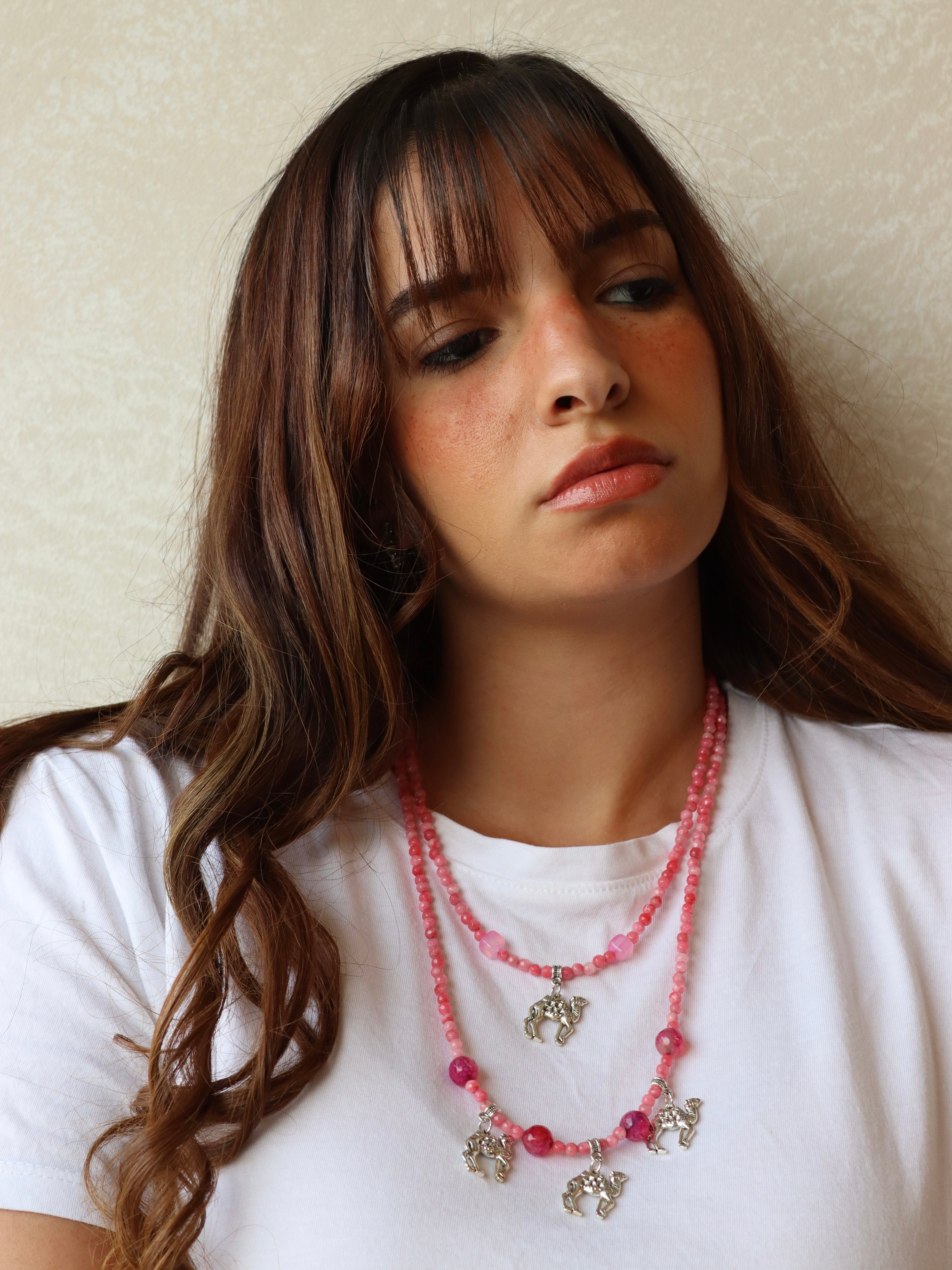 pink agate with silver metal necklace