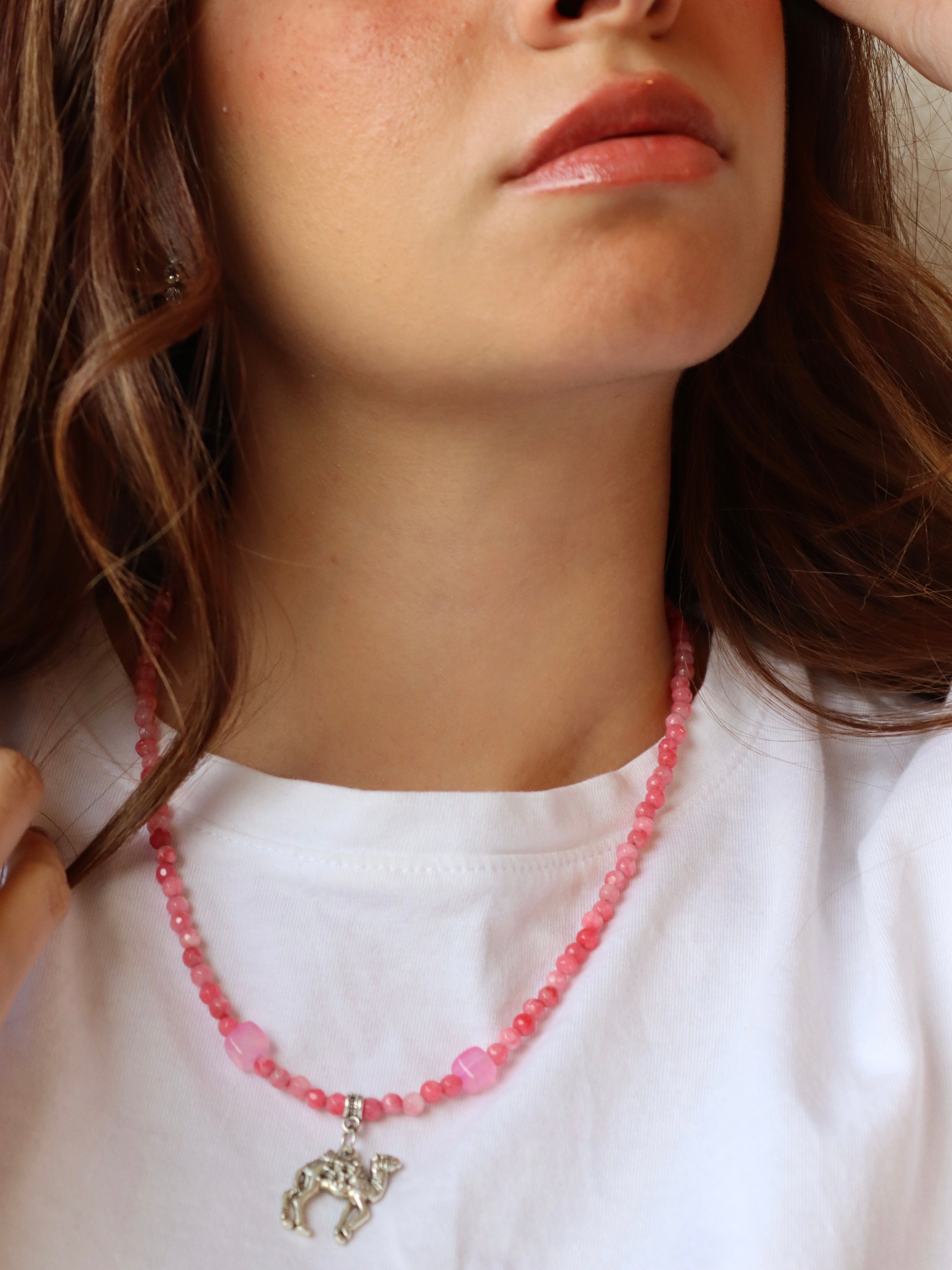 pink agate with silver metal necklace