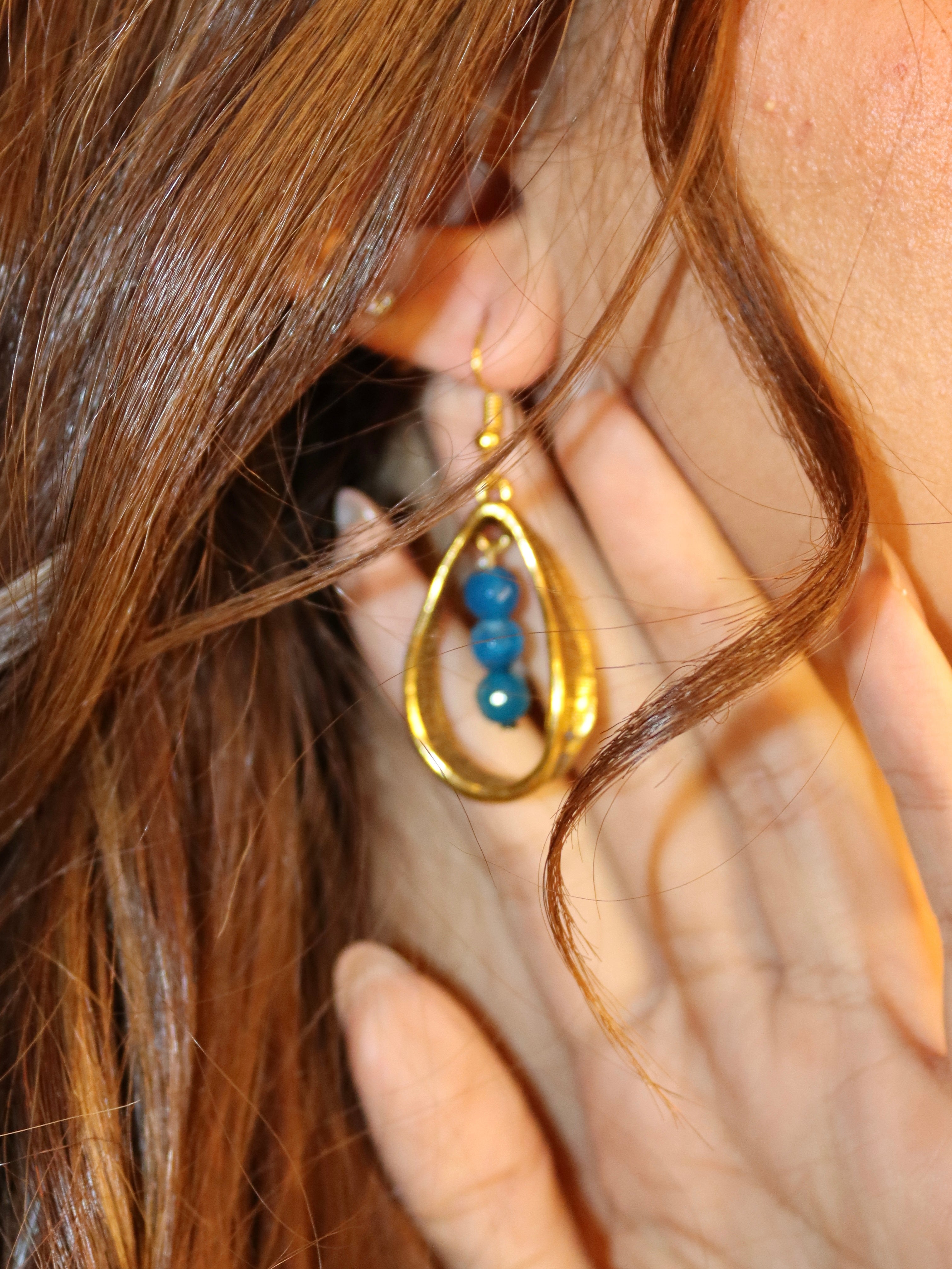 blue agate with gold metal earring