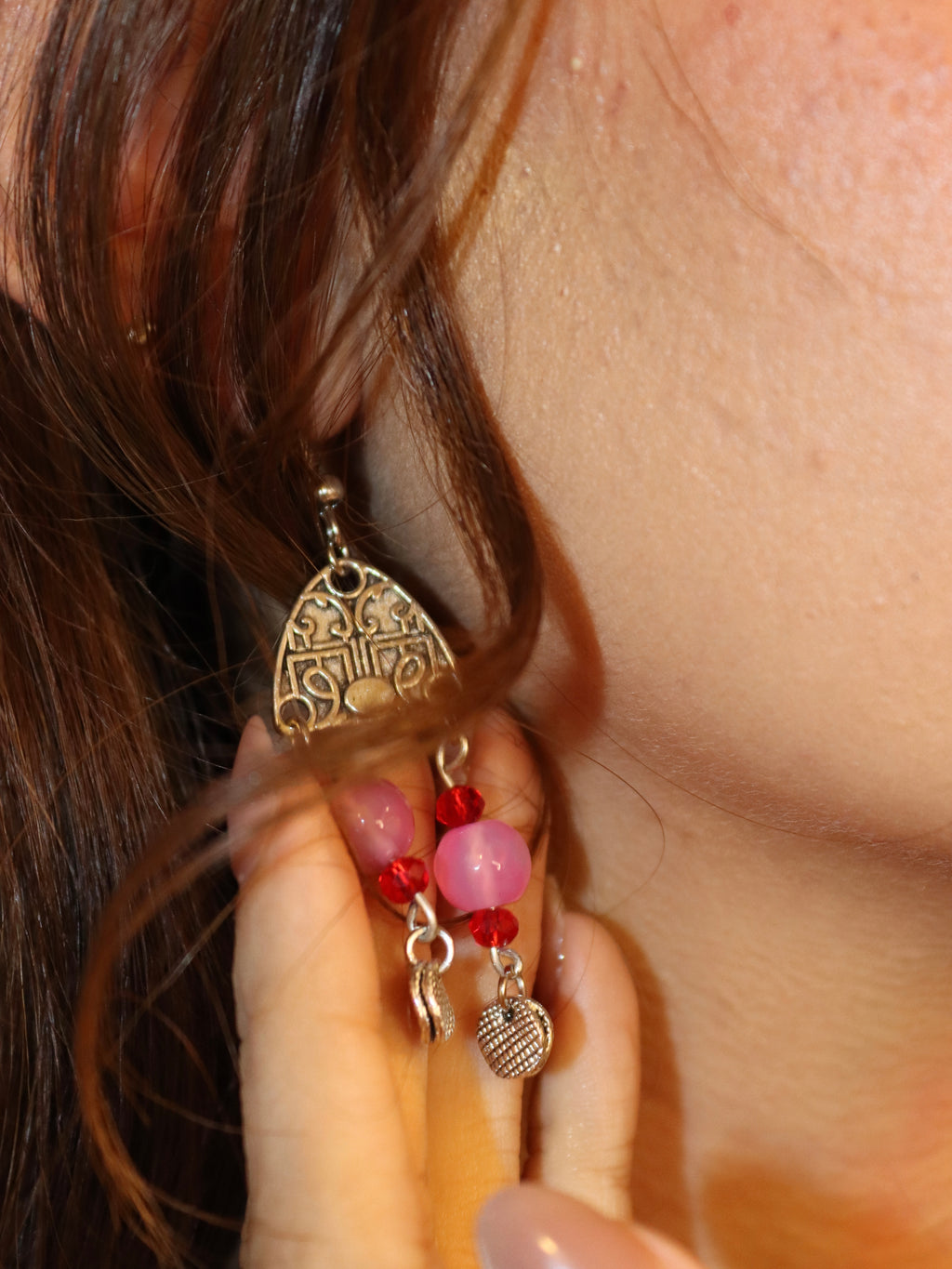 Pink and red Agate Stones with silver accents earring | Handmade jewelry