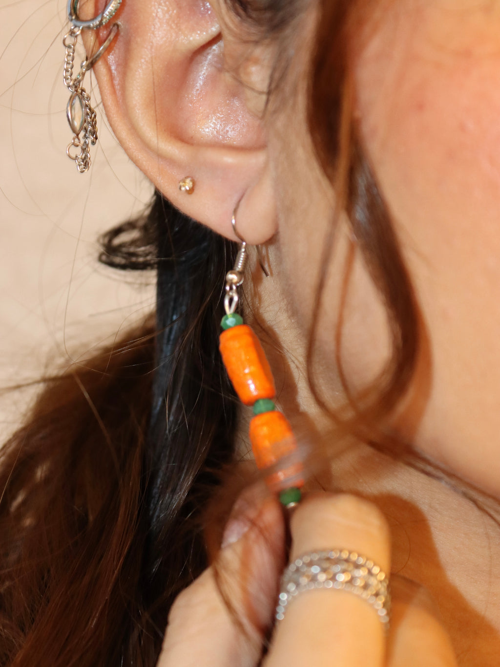 orange & green wooden earring