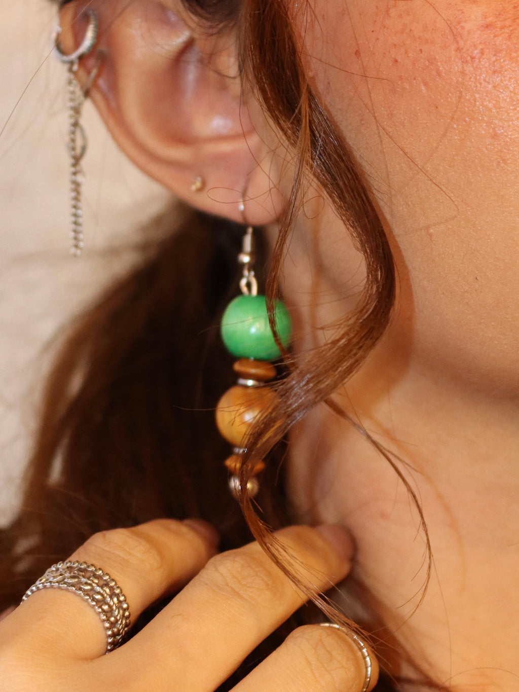 green & brown wooden earrings