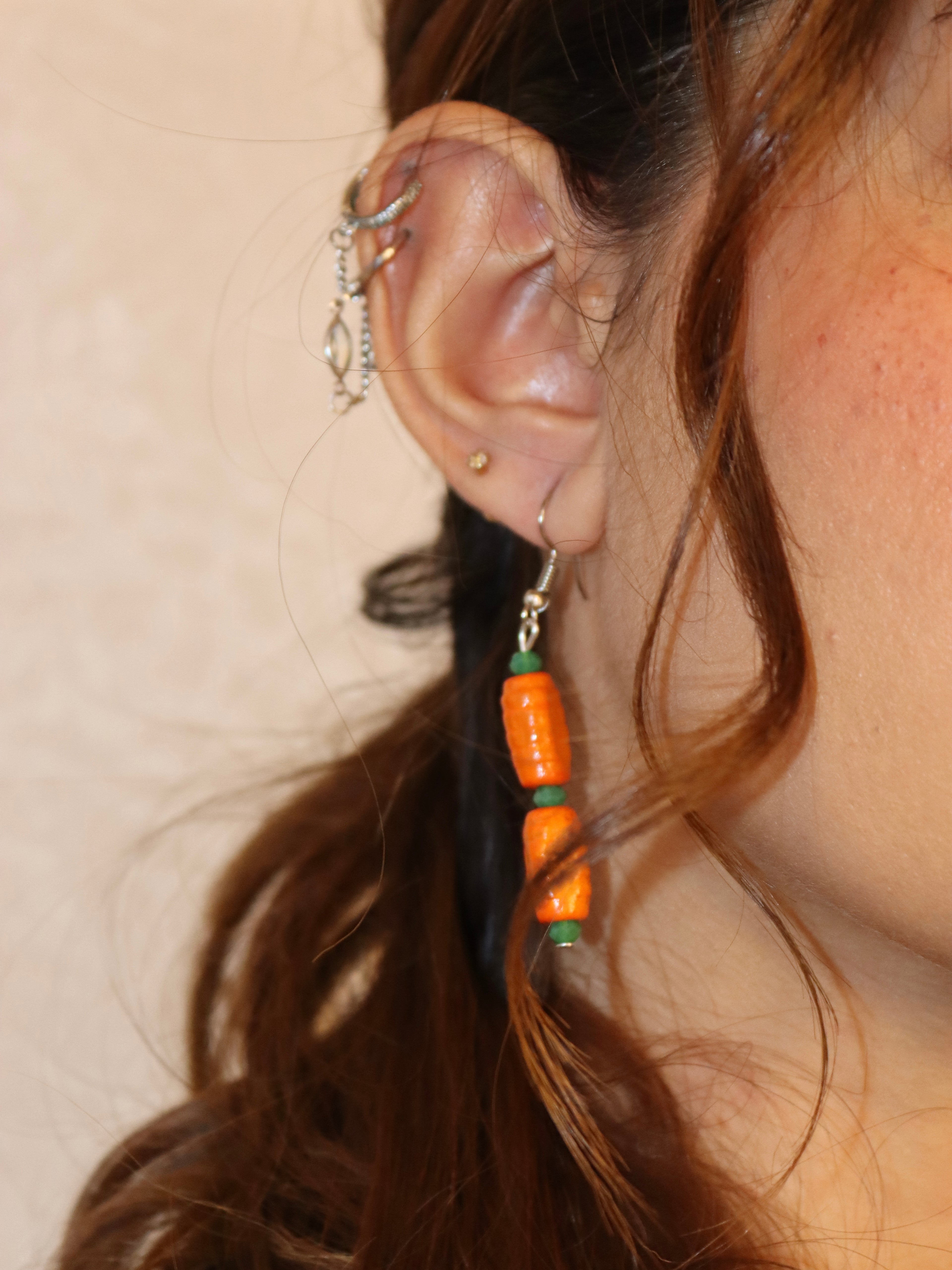 orange & green wooden earring