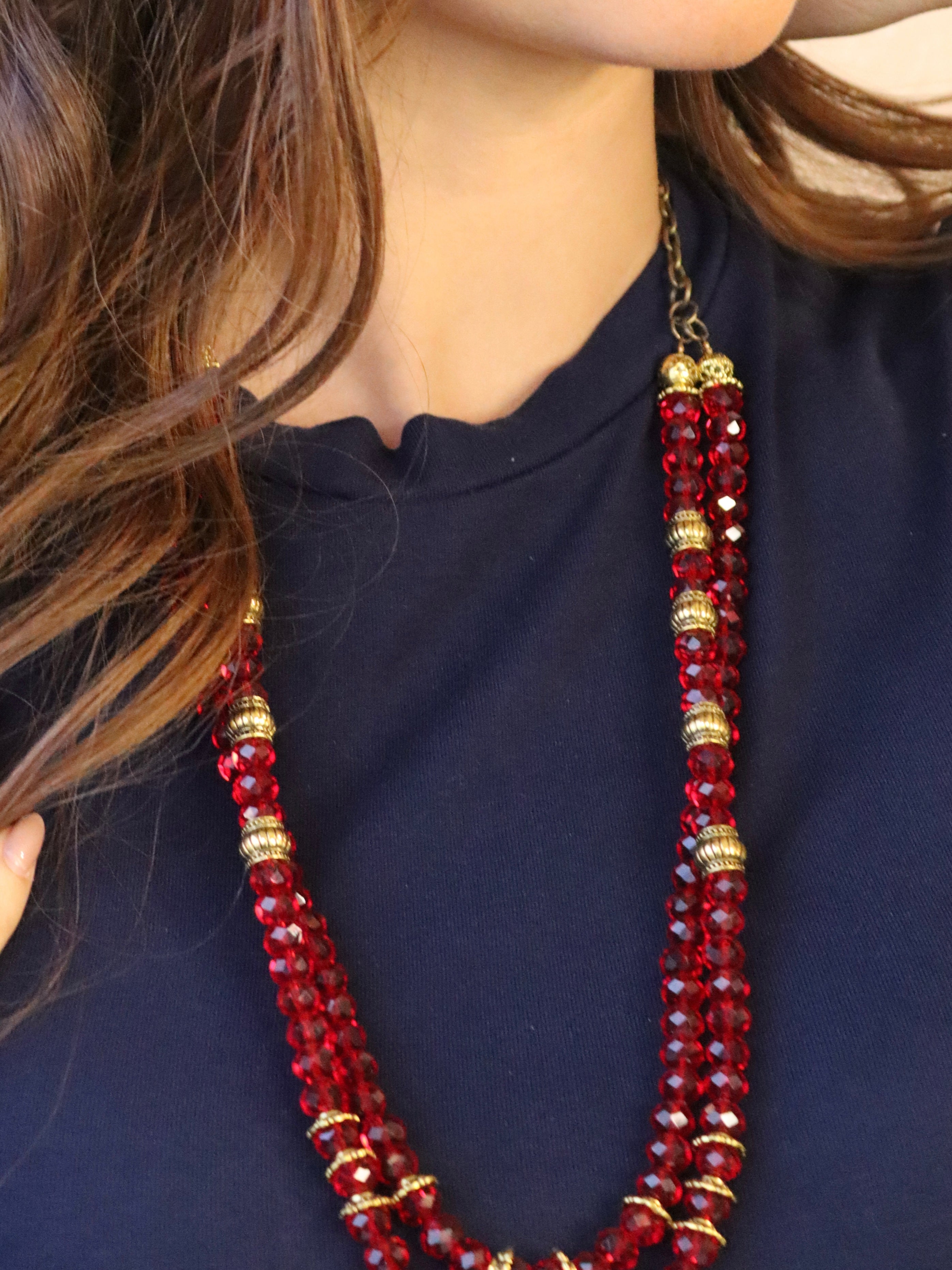 double layered red crystal necklace with gold pendant
