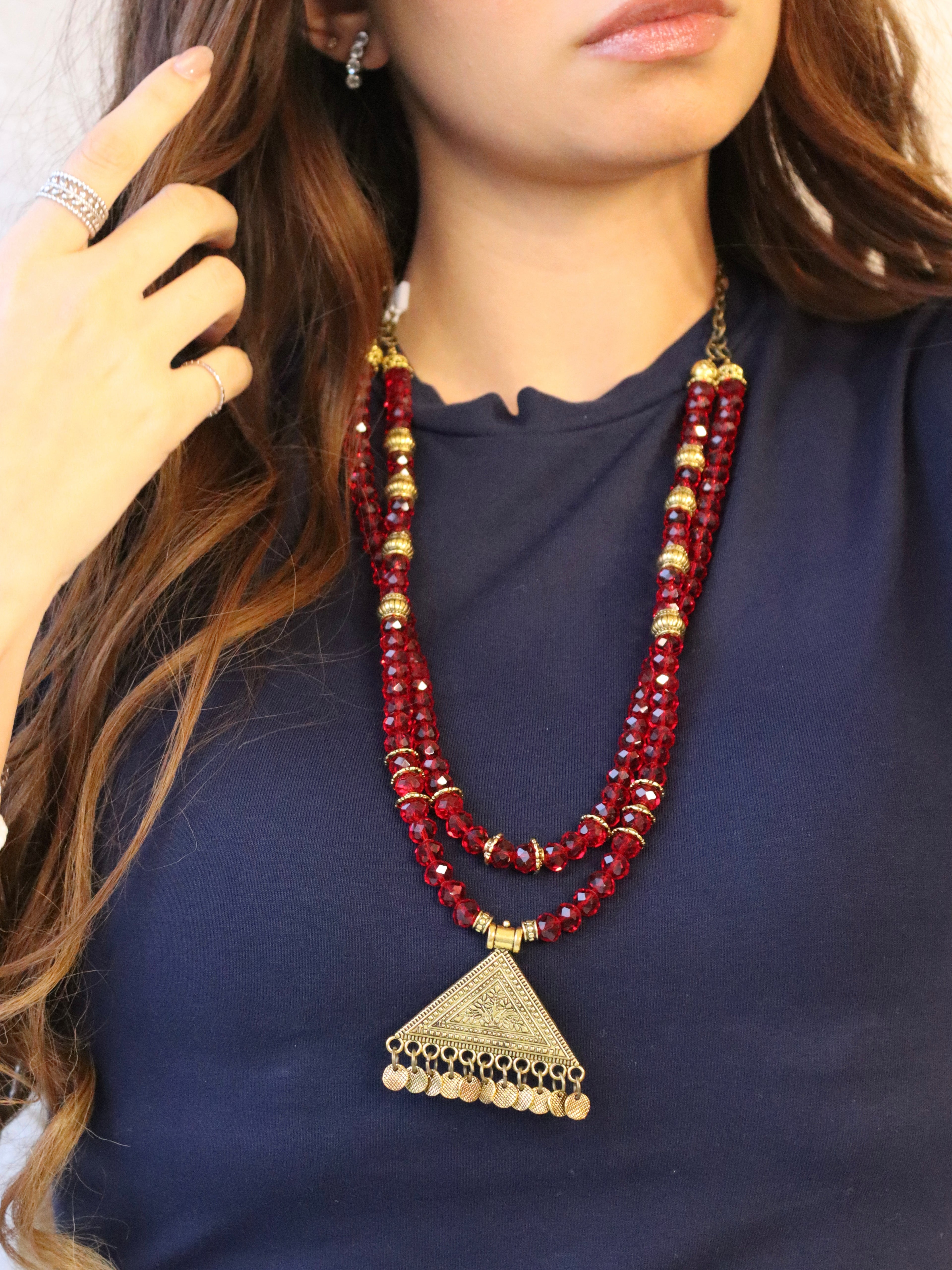 double layered red crystal necklace with gold pendant