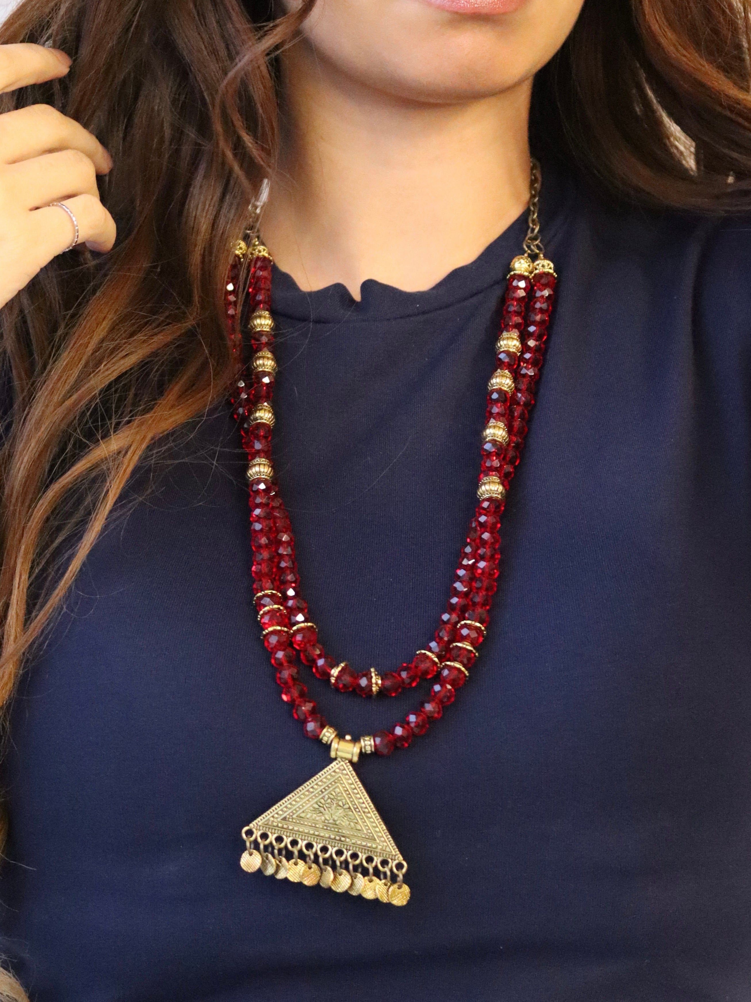 double layered red crystal necklace with gold pendant