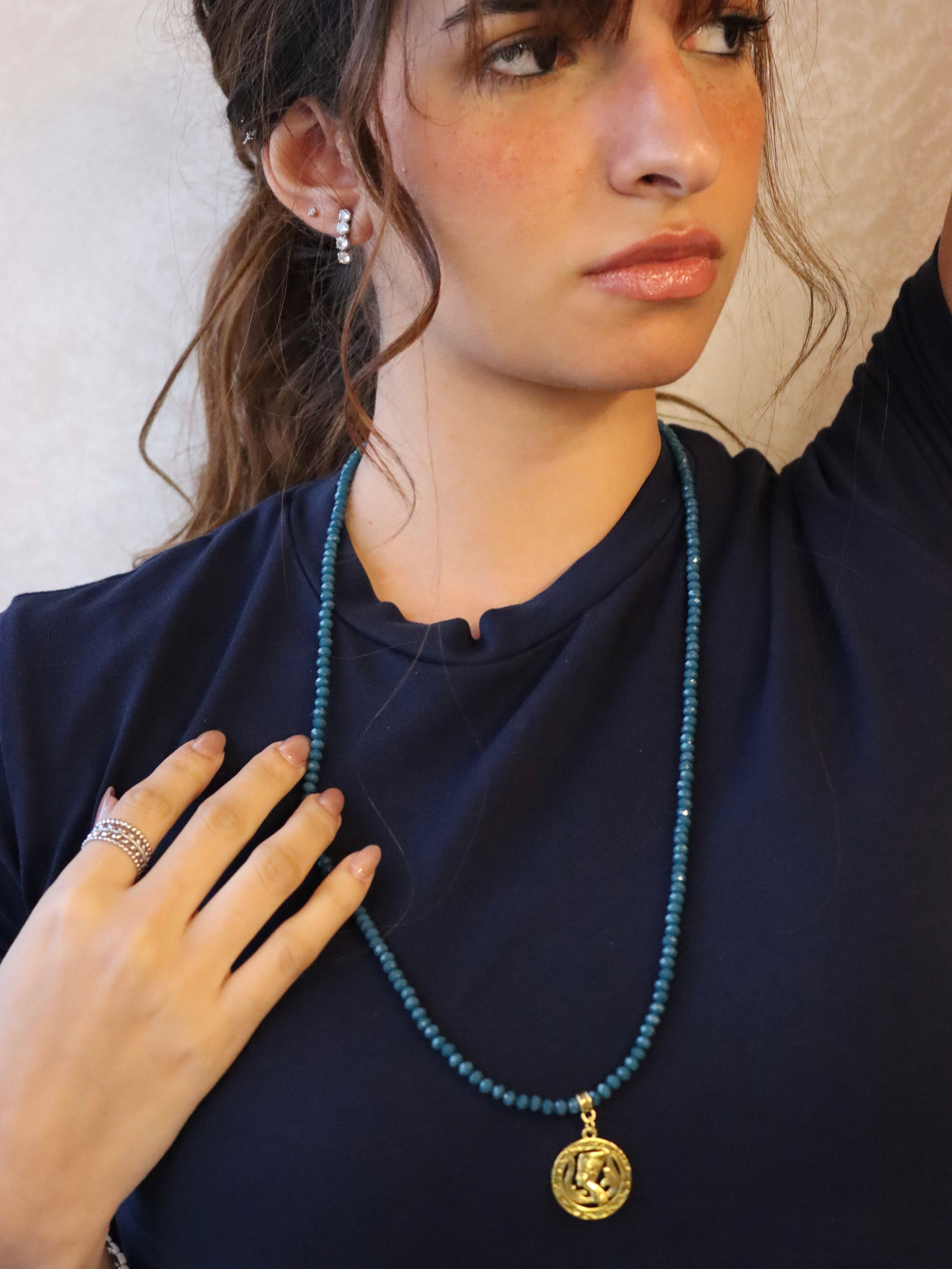 teal crystal necklace with gold accent | J171