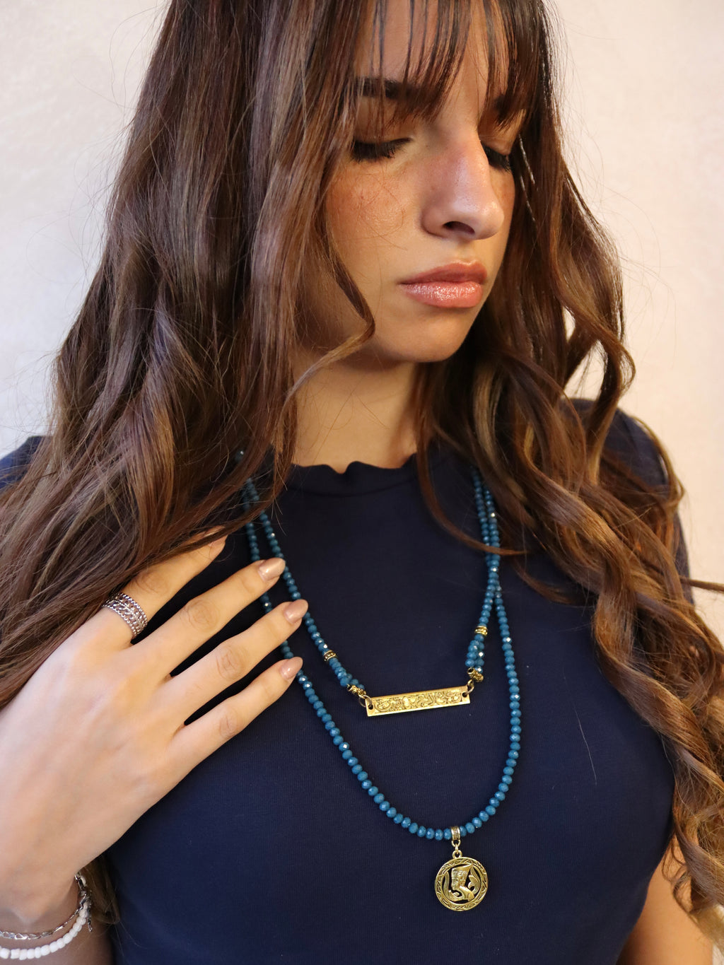 teal crystal necklace with gold accent | J171