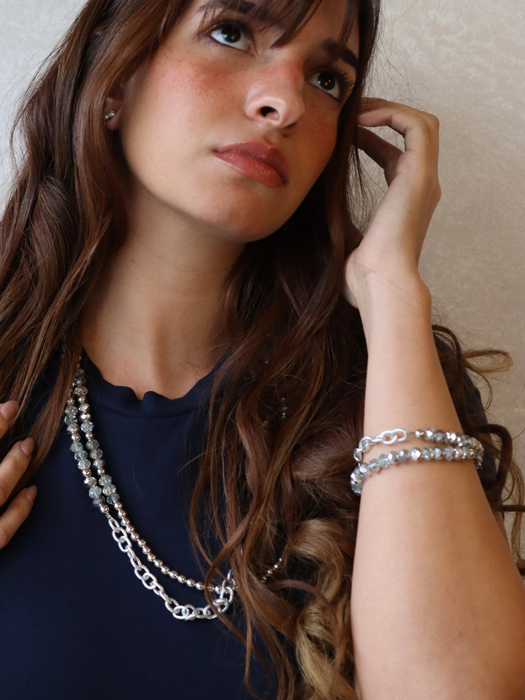 Silver layered necklace and bracelets set | Handmade jewelry