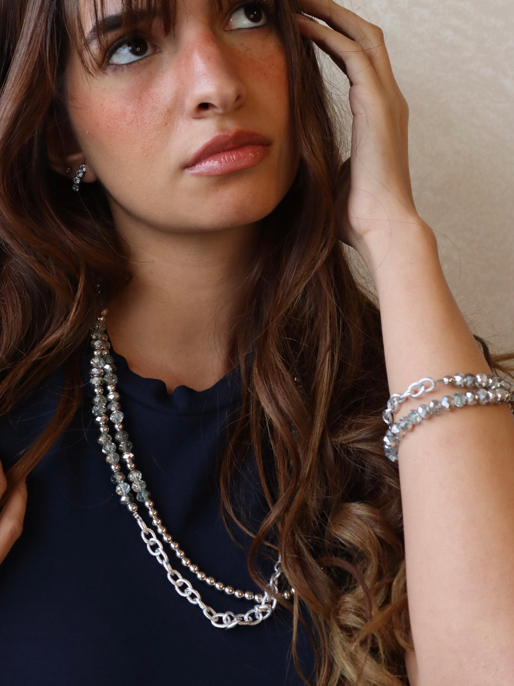 Silver layered necklace and bracelets set | Handmade jewelry