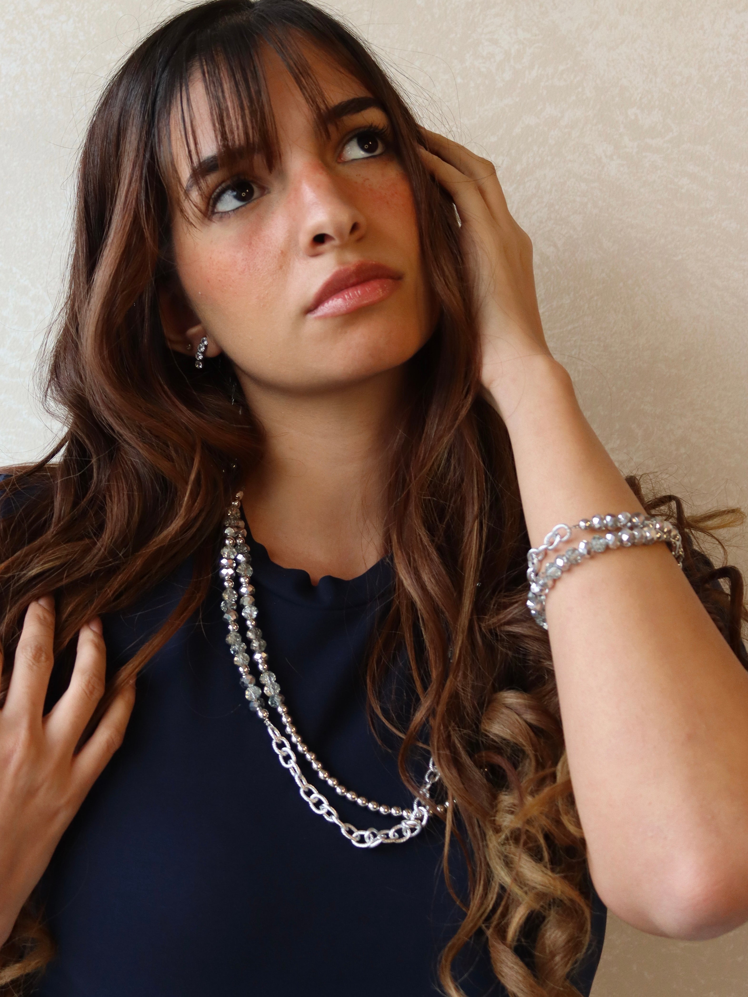 silver double layered crystal necklace with silver chain + bracelets set